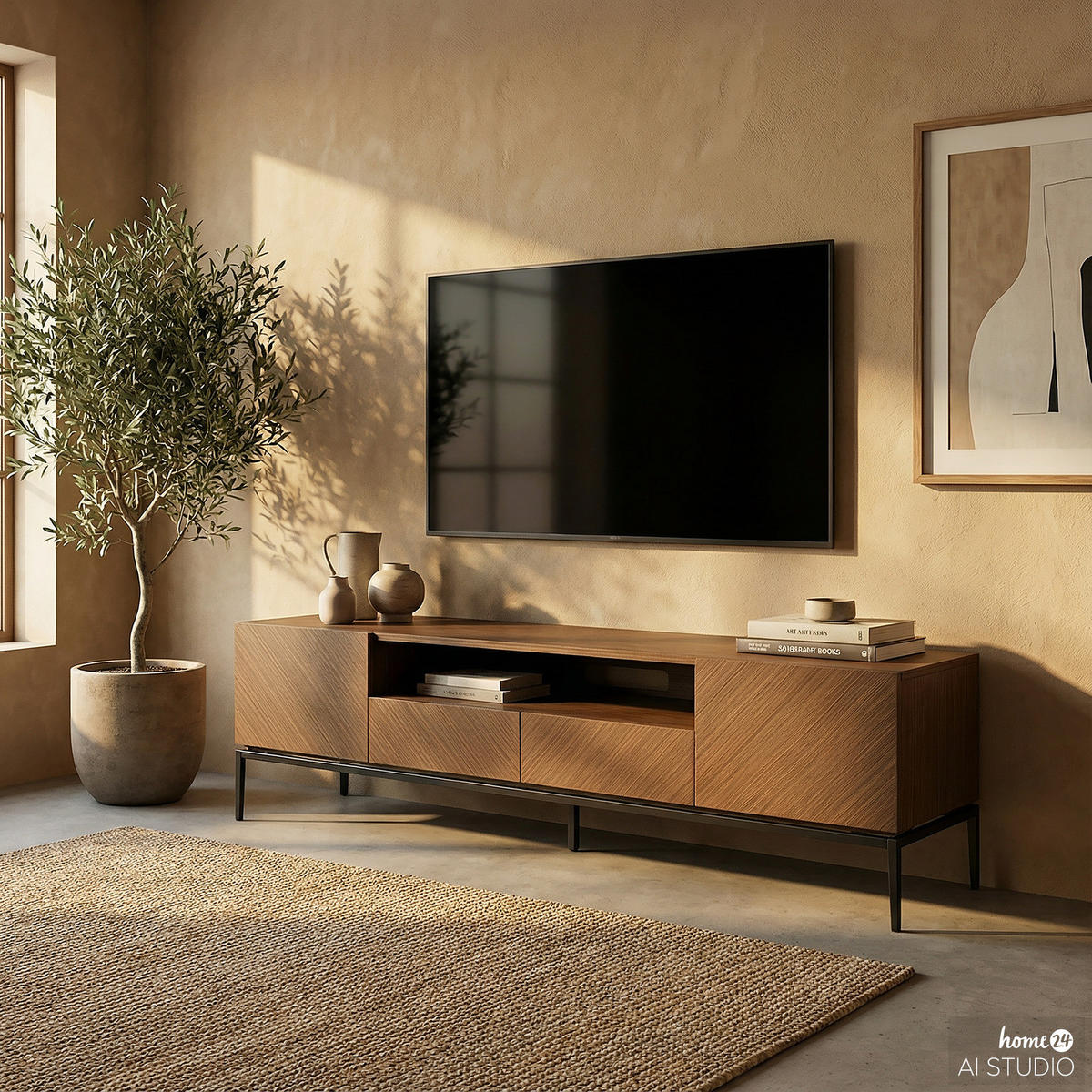 TV-LOWBOARD mit Schubladen - Walnussfarben, Holzwerkstoff/Metall (180/55/40cm) - home24