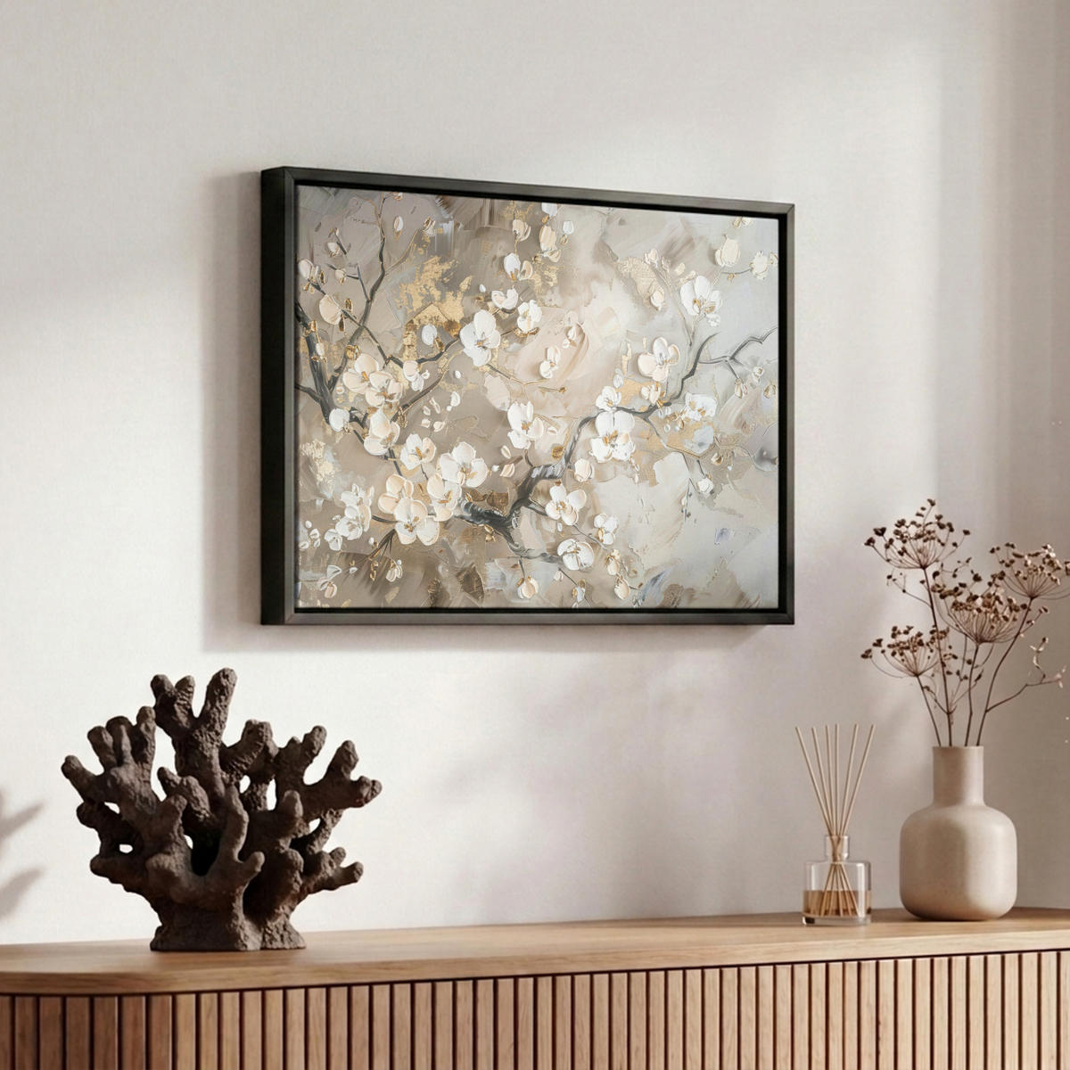 LEINWAND Bilder mit Rahmen - Blumen - Weiß - Gold - Beige - Luxus - 30x20 - Greige, Textil (30/20cm) - MuchoWow