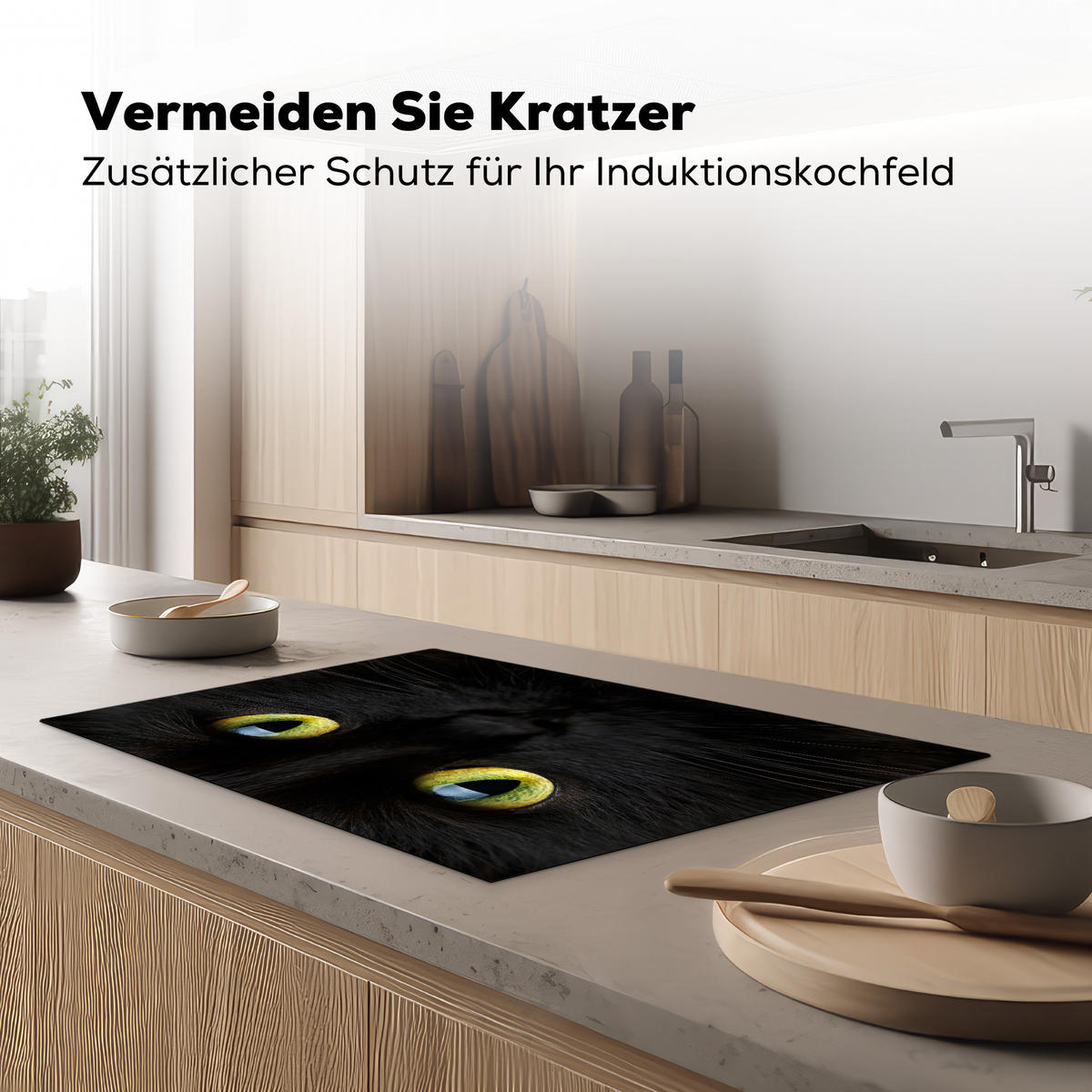 HERDABDECKPLATTE Katze - Augen - Gelb - Schwarz Induktionsschutz 81.6x52.7 cm - Schwarz, Kunststoff (81.6/52.7/0.2cm) - MuchoWow
