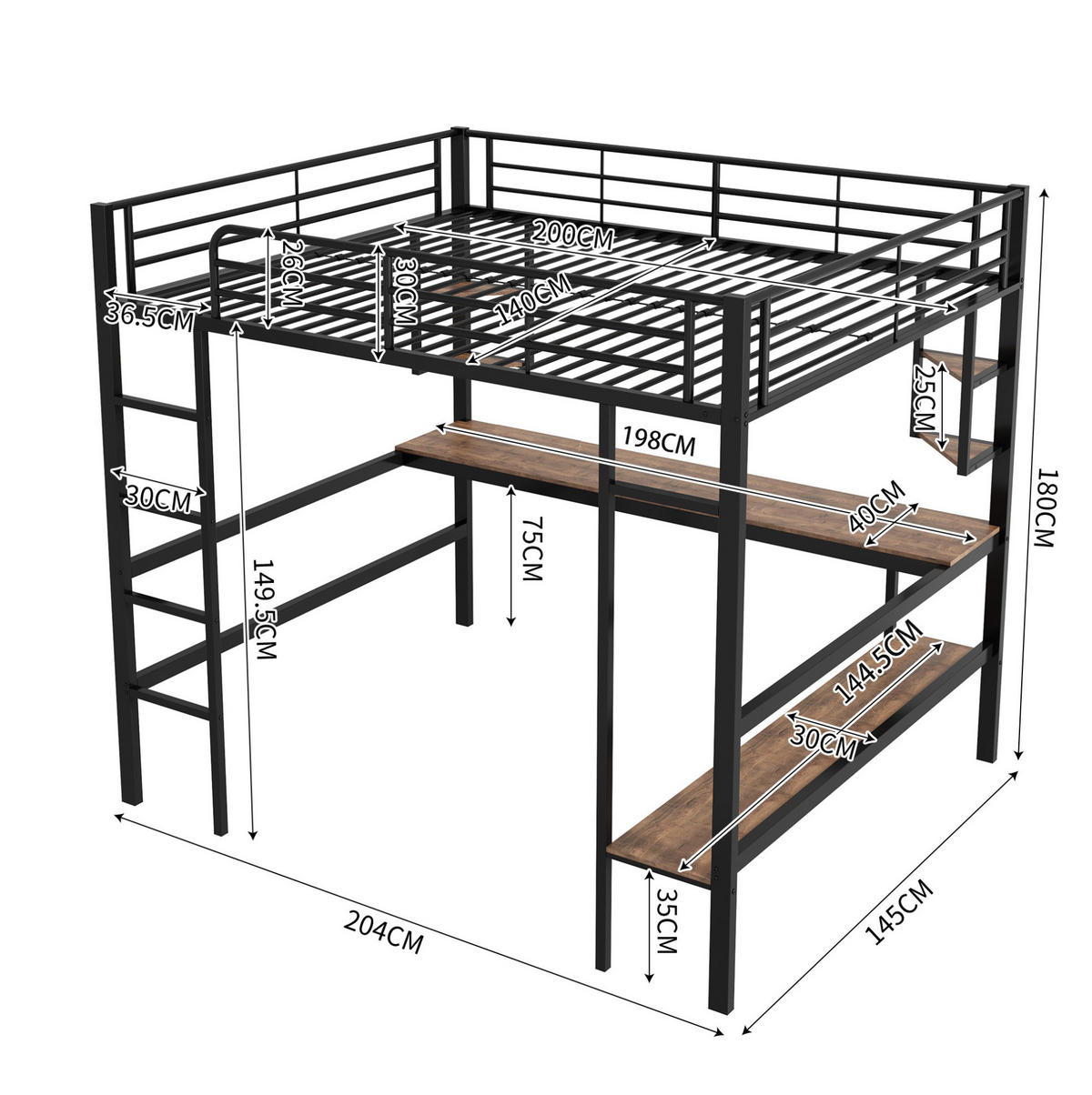 HOCHBETT aus Metall und MDF 140x200 cm Schwarz mit Schreibtisch, Regalen und Bücherregal - Schwarz, Metall (90/200cm) - Modfu