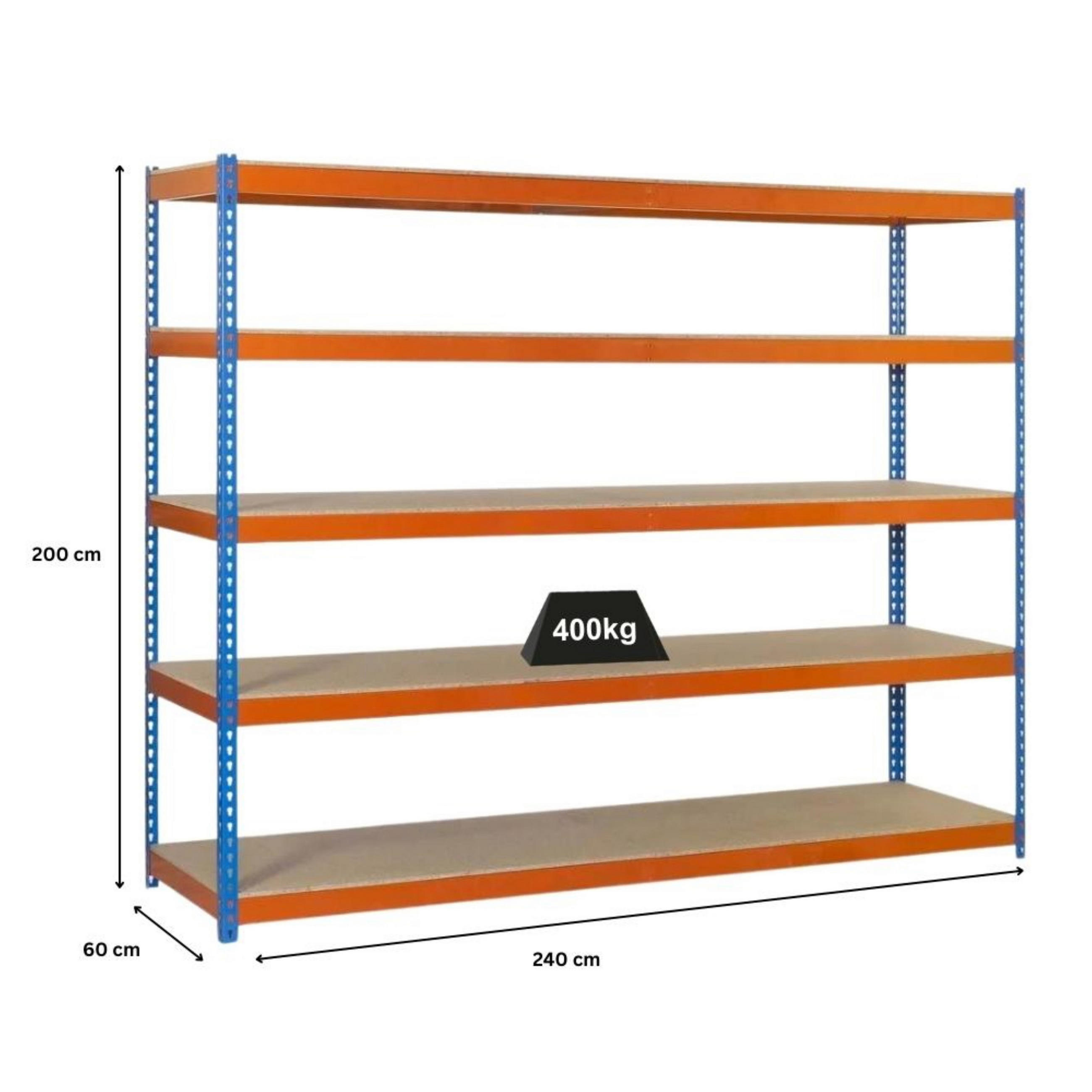 SCHWERLASTREGAL Wood Beast Five HxBxT 200 x 240 x 60 cm 5 Ebenen Fachlast 400 kg Blau-Orange - Gelb, Metall (240/200/60cm) - PROREGAL