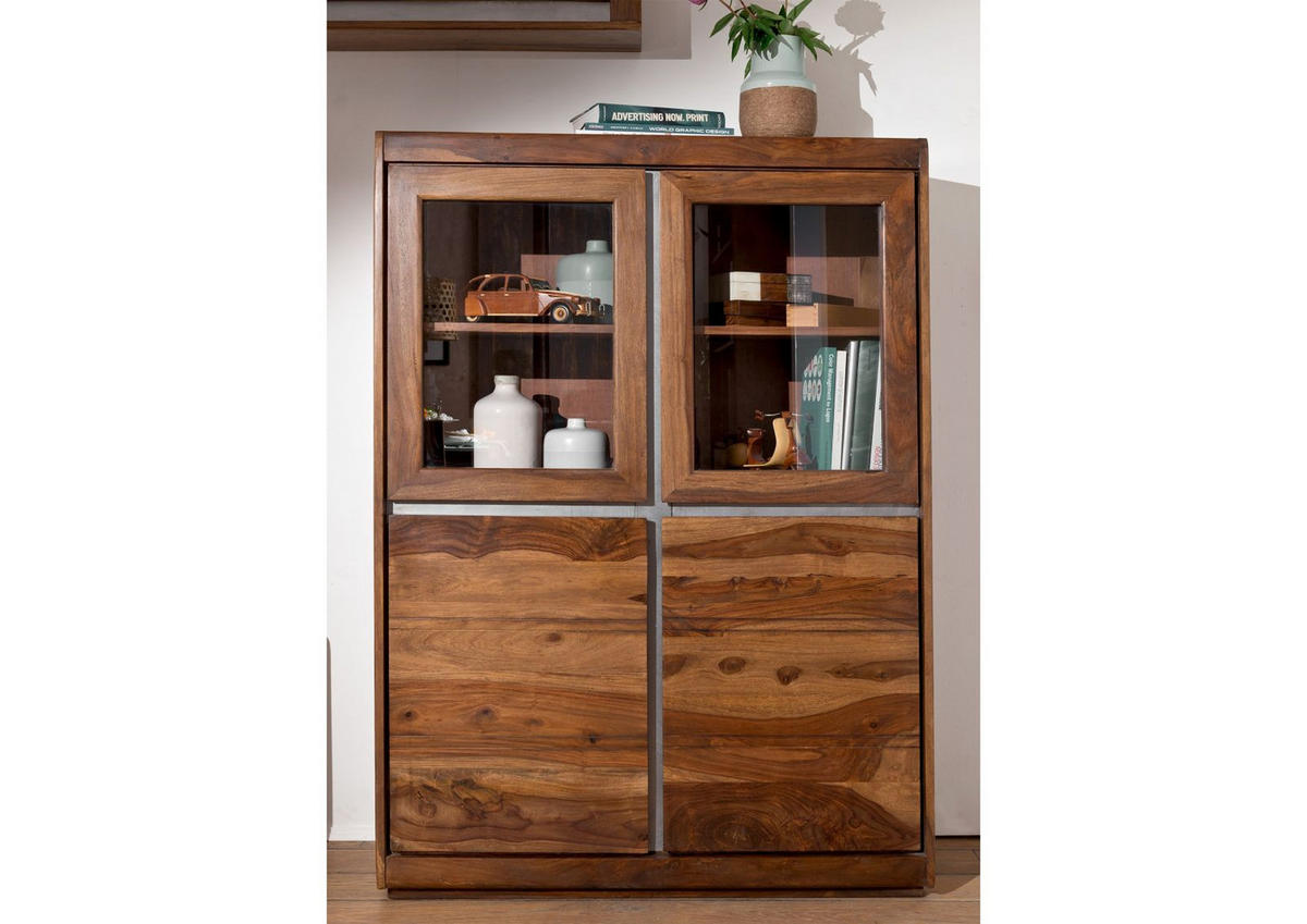VITRINE Sheesham 102x40x147 noble unique lackiert SYDNEY #100 - Braun, Holz (102/147/40cm) - Massivmoebel24