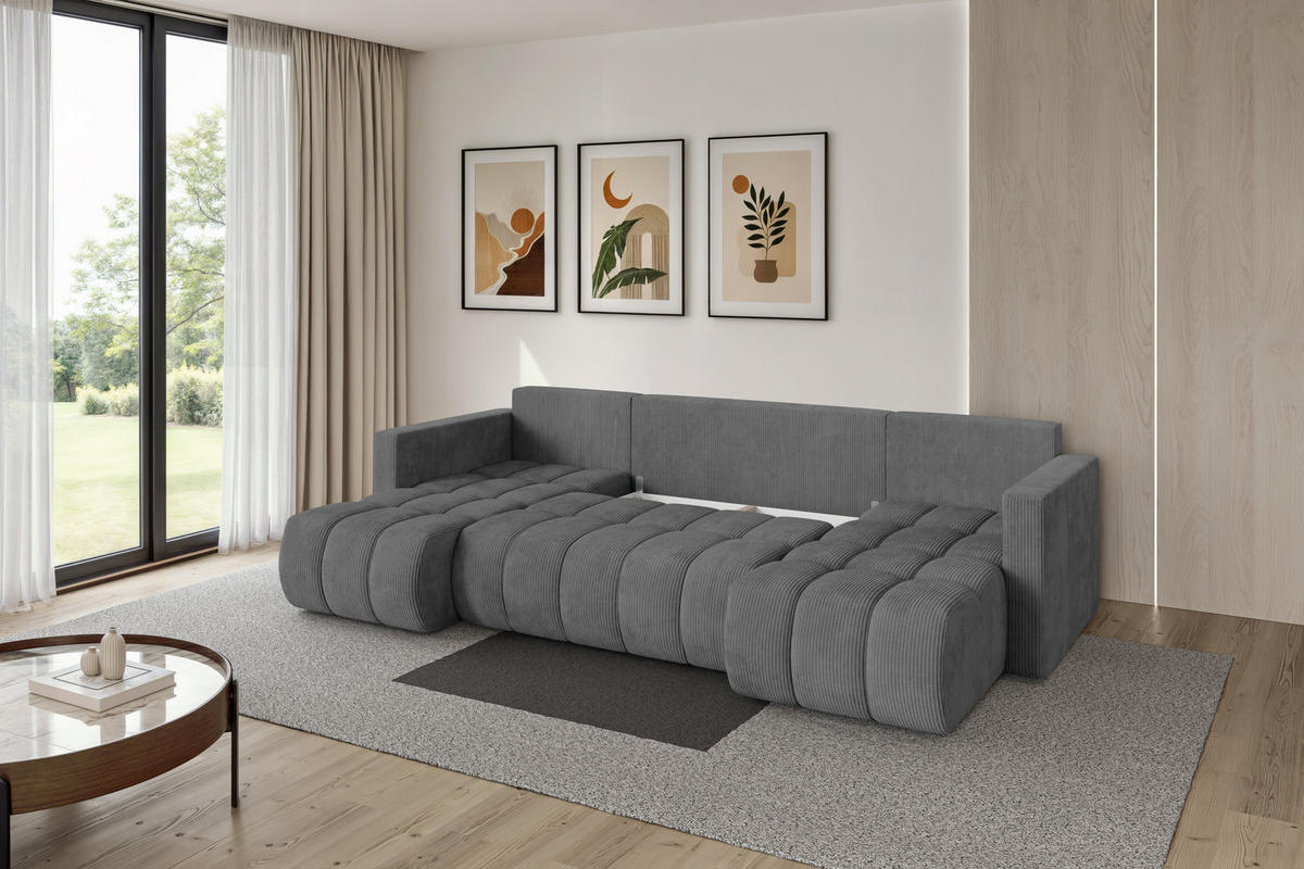 SEDACÍ SOUPRAVA DO U s funkcí spaní a úložným prostorem GARD-U 300x146x85 tmavě šedá manšestr - černá/tmavě šedá, kompozitní dřevo/textil (300/85/146cm) - ALTDECOR