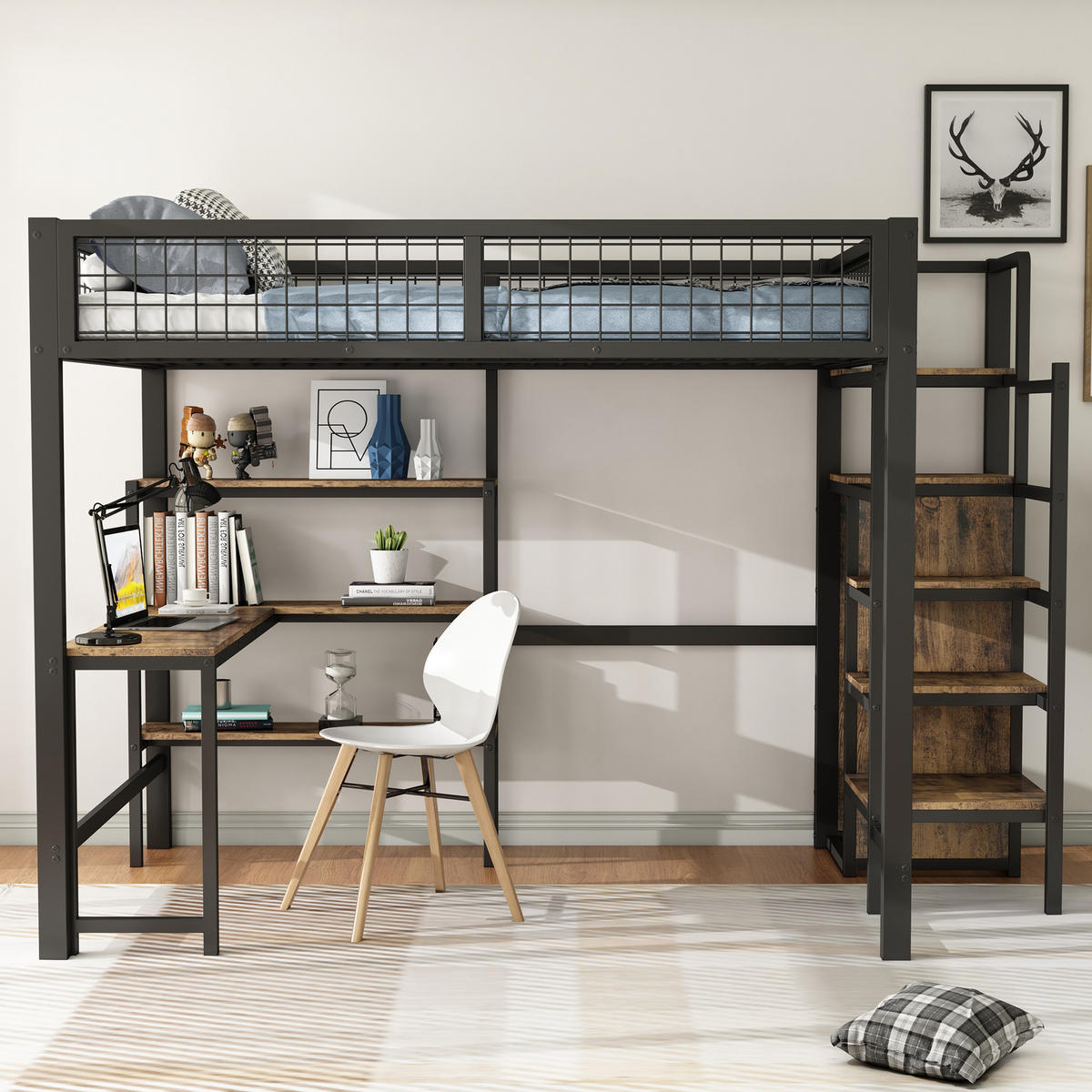 HOCHBETT 140/200 cm Schwarz aus Metall und MDF mit Schreibtisch und Kleiderschrank - Schwarz, Metall (140/200cm) - OKMYHOME