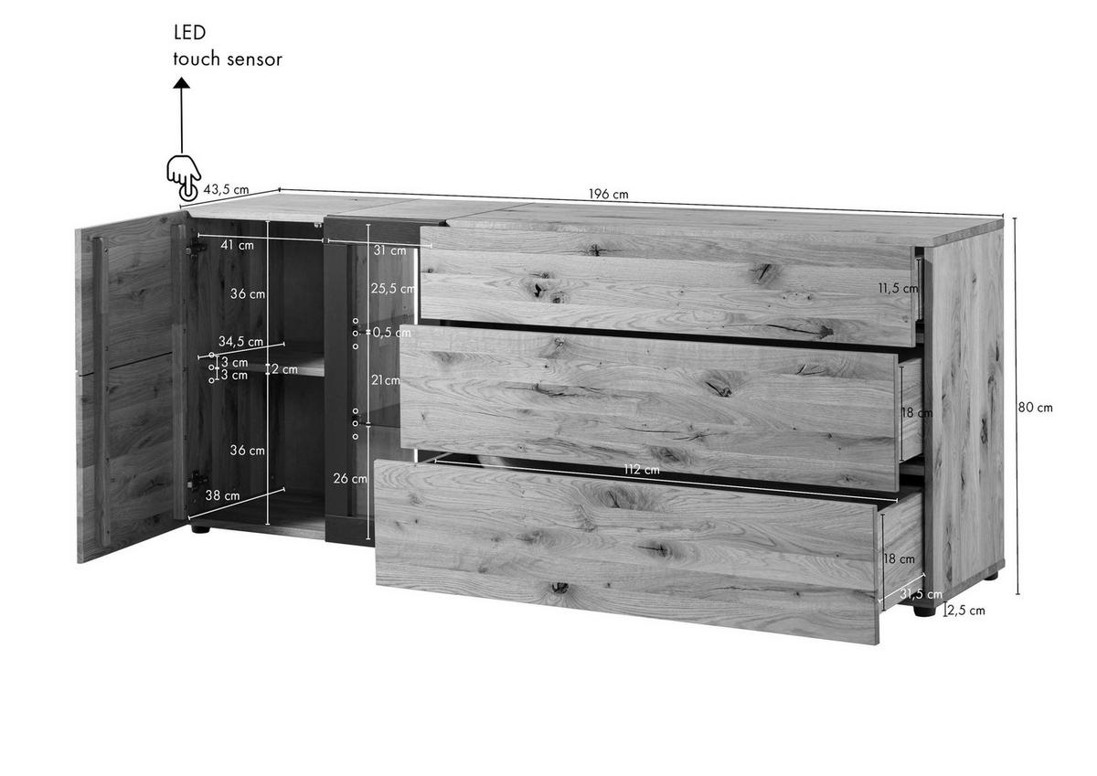 SIDEBOARD Wildeiche 196x43,5x80 natur geölt/lackiert KITZBÜHEL #125 - Naturfarben, Holz (196/80/44cm) - Massivmoebel24