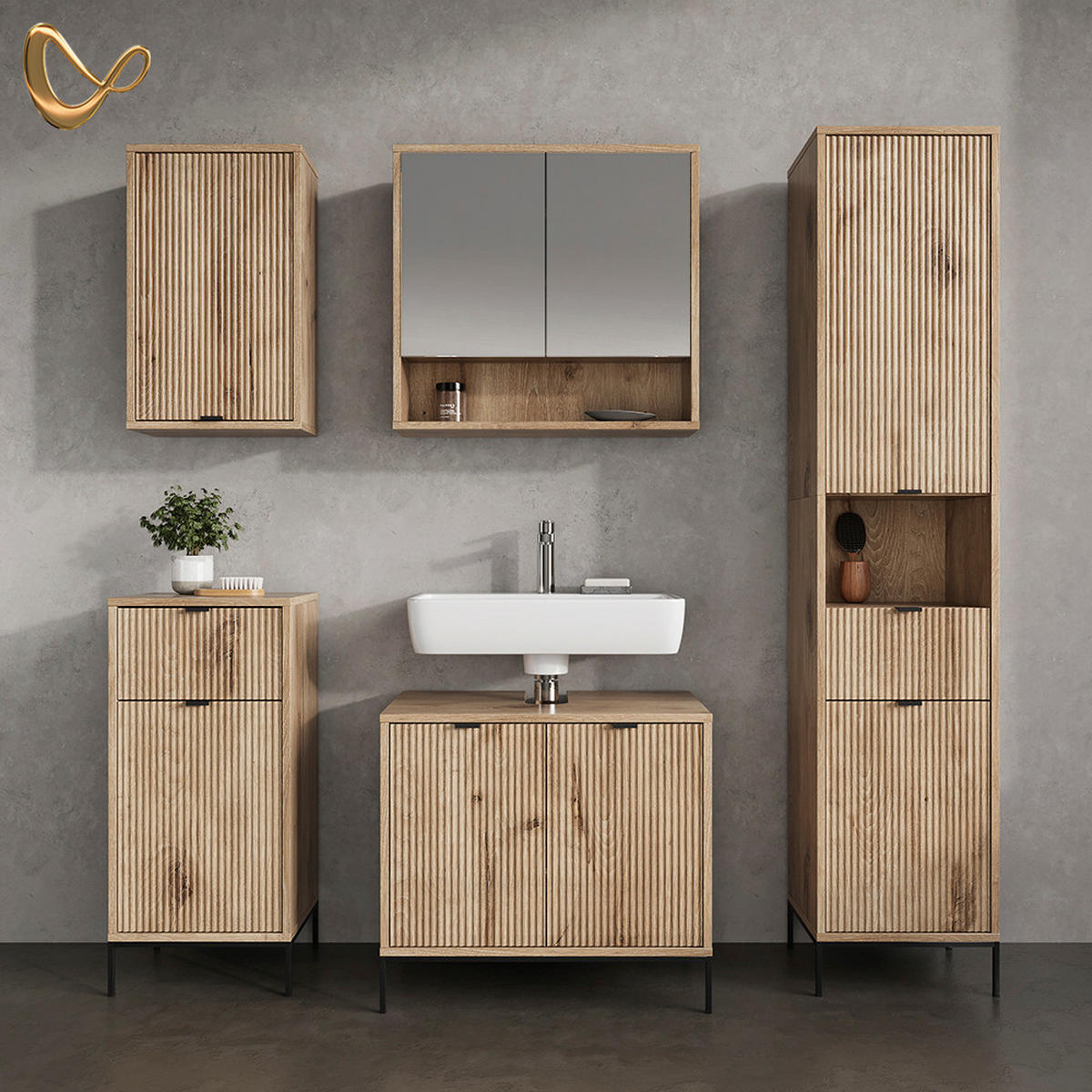 BADMÖBEL-SET ATERNO Viking Oak 5 Teile - Eiche Wotan, Holzwerkstoff (70/63/45cm) - Livinity®