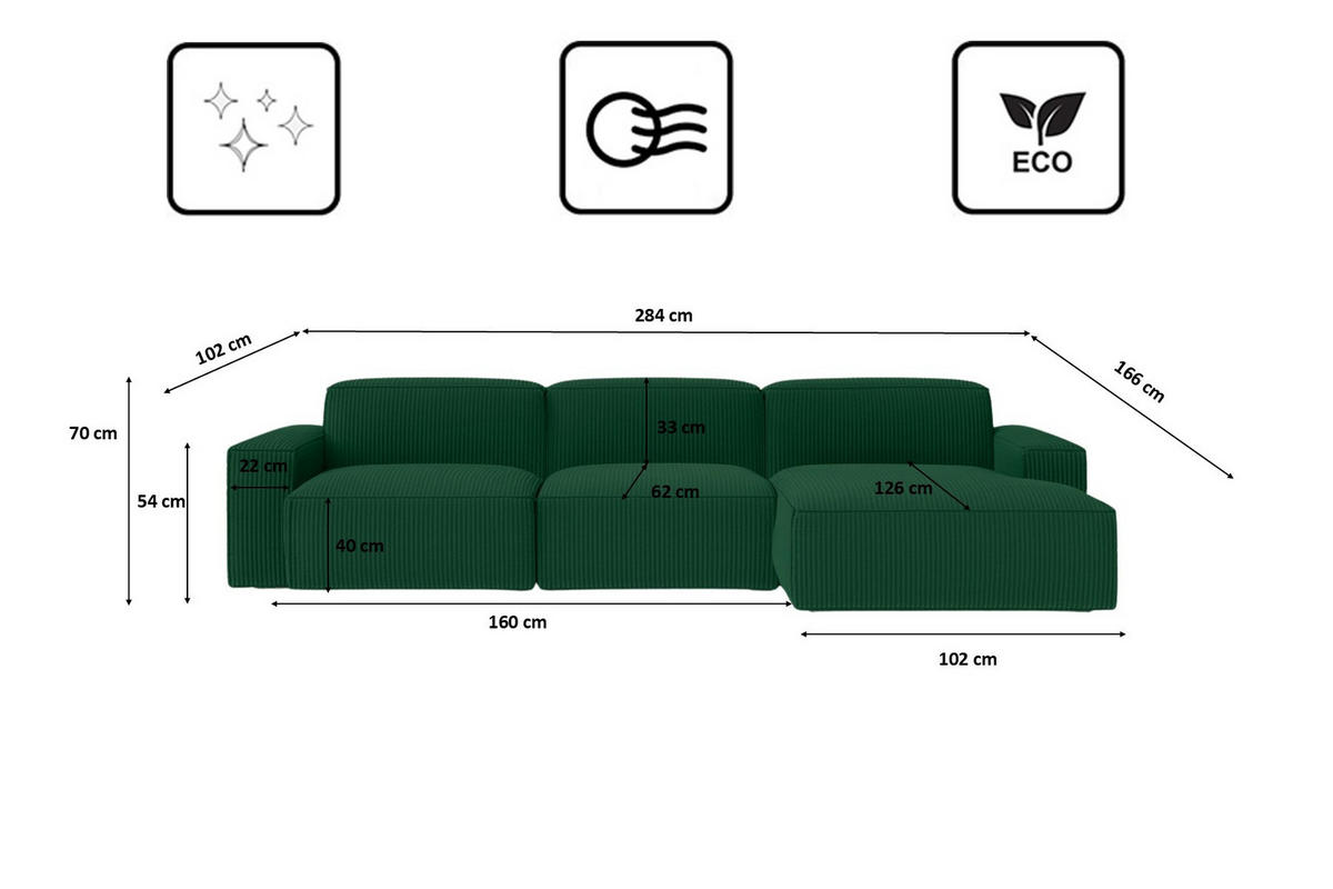 ECKSOFA Cursal L-Form, Stoff Poso, Grün, Rechts - Grün, Holz (284/166cm) - Kaiser Möbel