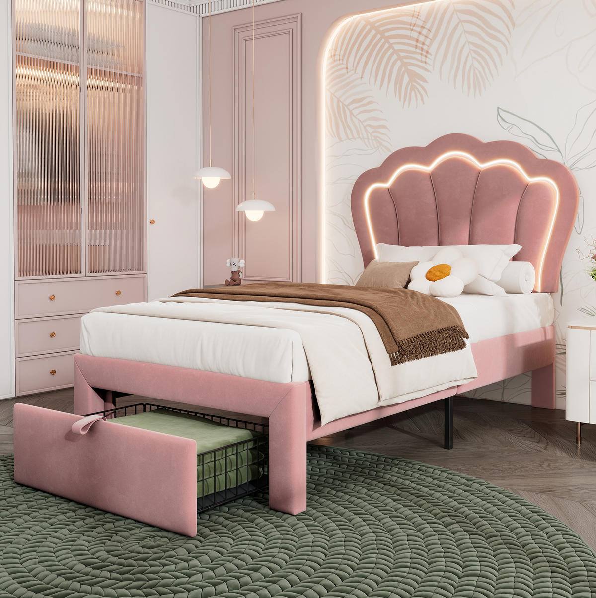POLSTERBETT 90/200 cm mit RGB-LED, Schublade und verstellbarem Kopfteil aus Samt, Rosa - Rosa, Textil (90/200cm) - Redom