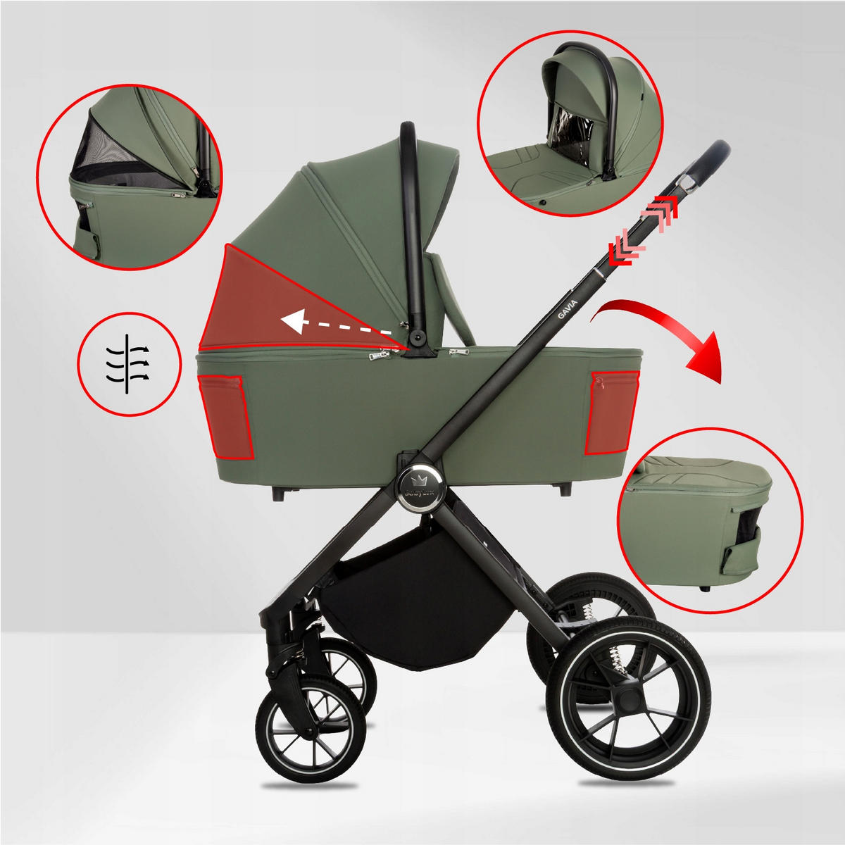 KINDERWAGEN Gavia 3in1 Sapphire Babywanne, Buggy Sportsitz, Babyschale I-Size - Schwarz/Grün, Textil/Metall (58/99cm) - BabyLux