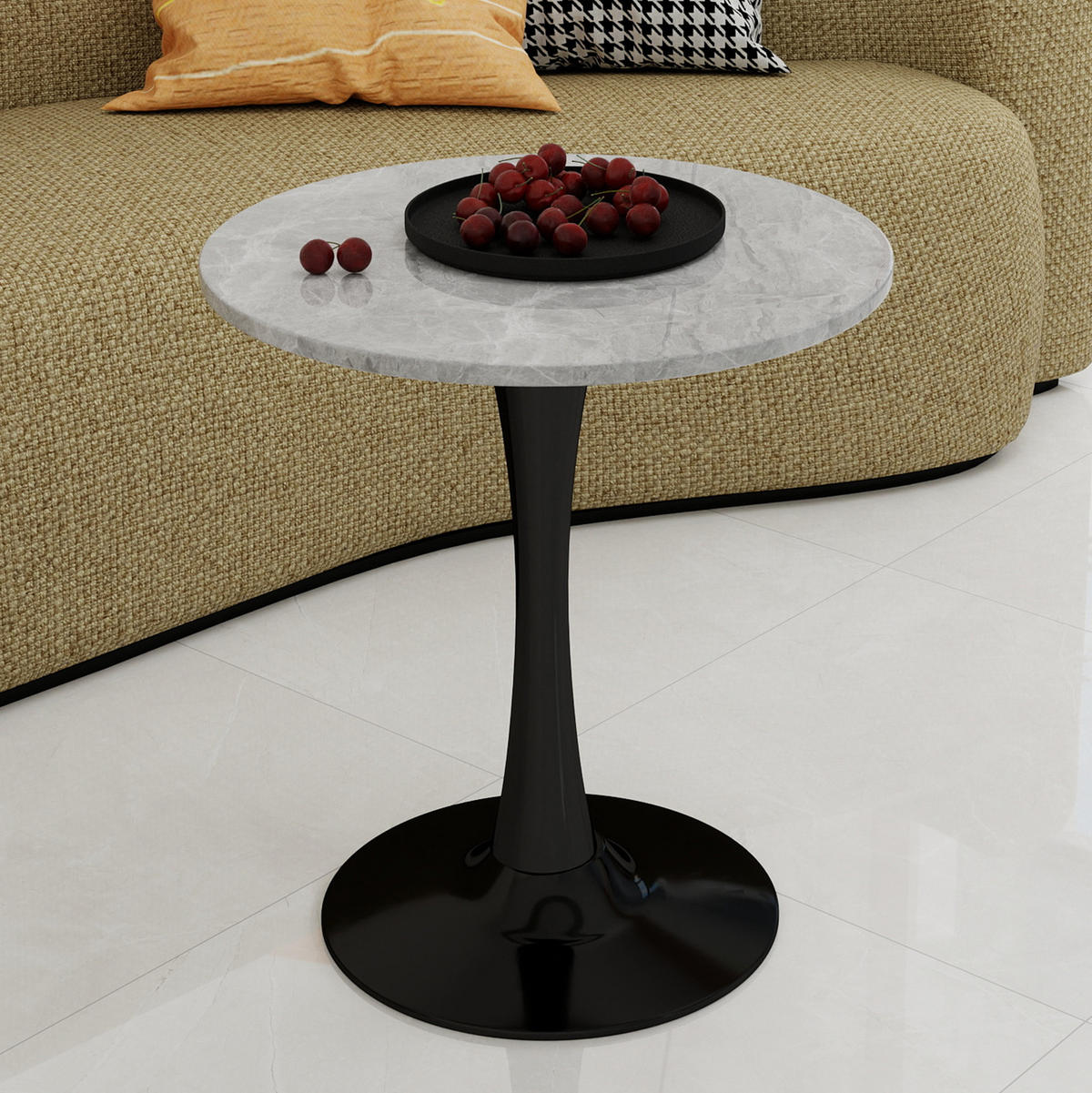 COUCHTISCH 70 cm in Schwarz/Grau aus Kunstmarmor–rund und vielseitig - Grau, Stein (70/70/72cm) - Flora Grace