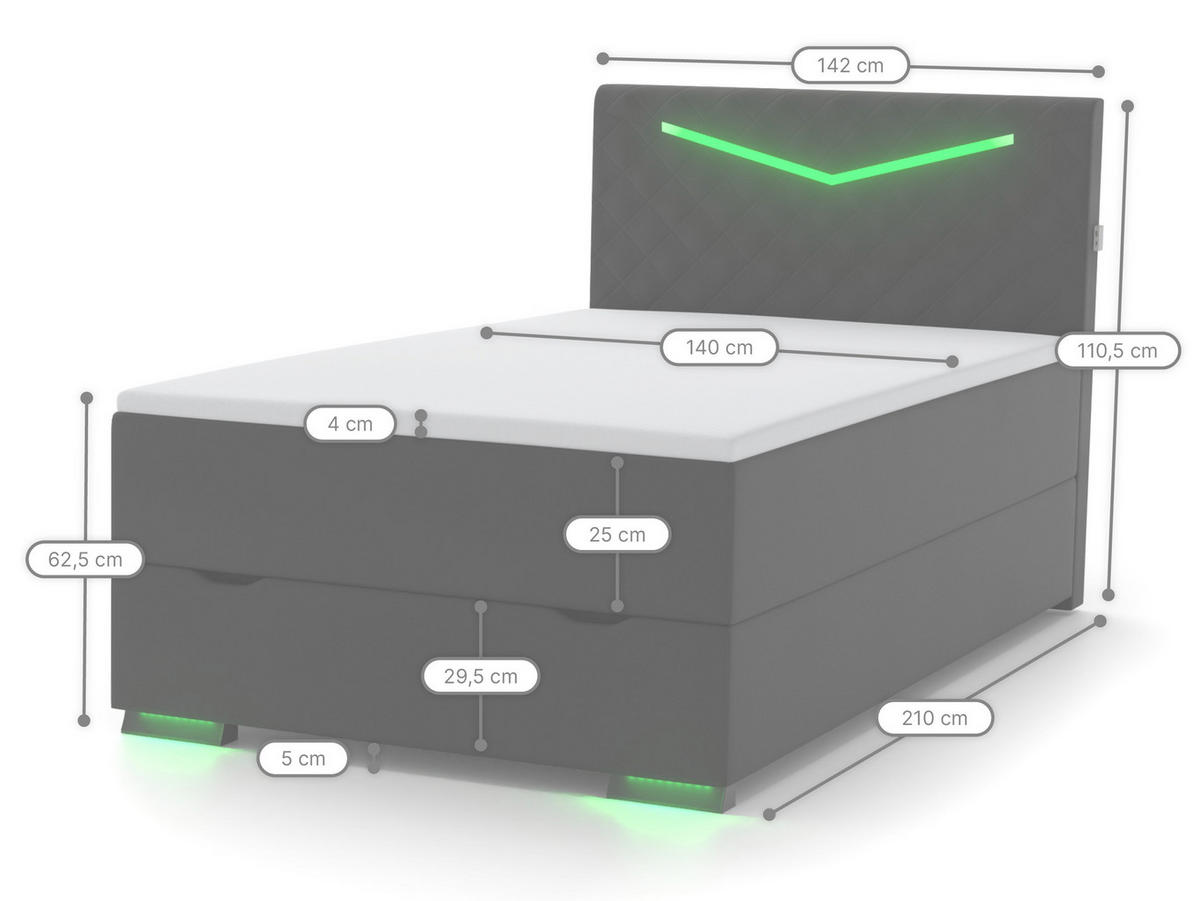 BOXBETT Dacota weiß 140/200 cm LED Kunstleder - Weiß, Textil (140/200cm) - wonello