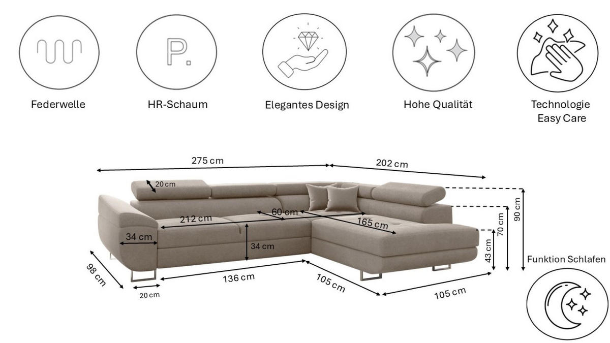ECKSOFA FALIO L-Form Mit Schlaffunktion Im Modernen Stil Für Das Wohn Und Schlafzimmer KaltesBeige Rechts - Cappuccino, Holz/Textil (275/202cm) - Kaiser Möbel