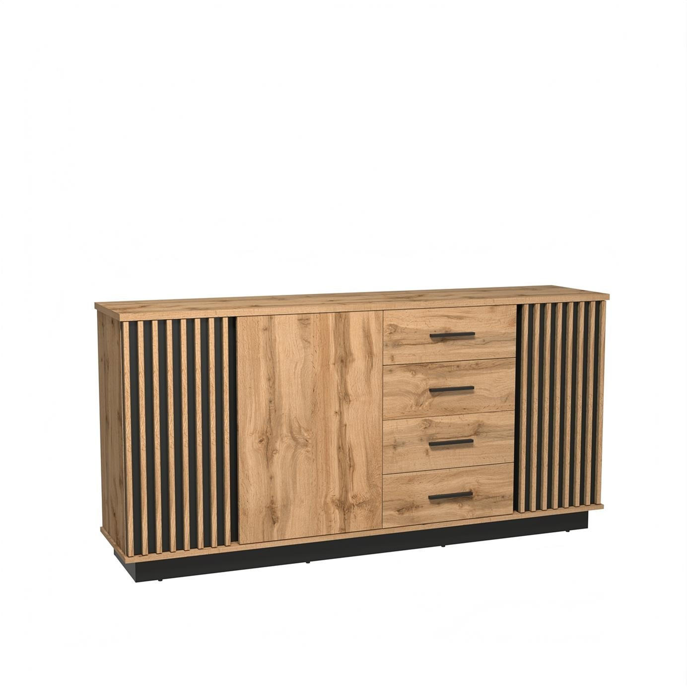 KOMMODE Lamelo Wotan eiche, dreitürige Kommode mit Schubladen - Schwarz/Braun, Holzwerkstoff (178/88/40cm) - Bettso