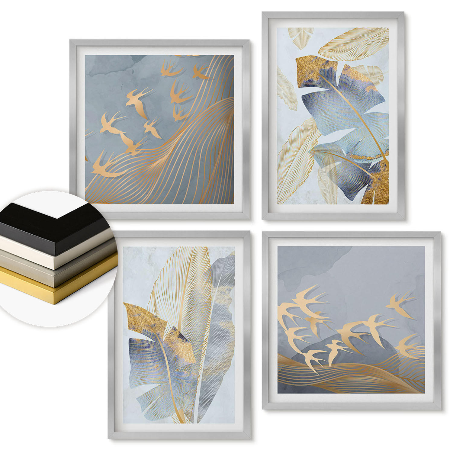 WANDBILDER 4er Set - 50x50 cm & 40x60 cm Silberner Rahmen - Blaubeige Blätter im Hintergrund - Silberfarben, Kunststoff (50/50cm) - ArtPrintCave