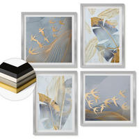 WANDBILDER 4er Set - 50x50 cm & 40x60 cm Silberner Rahmen - Blaubeige Blätter im Hintergrund - Silberfarben, Kunststoff (50/50cm) - ArtPrintCave