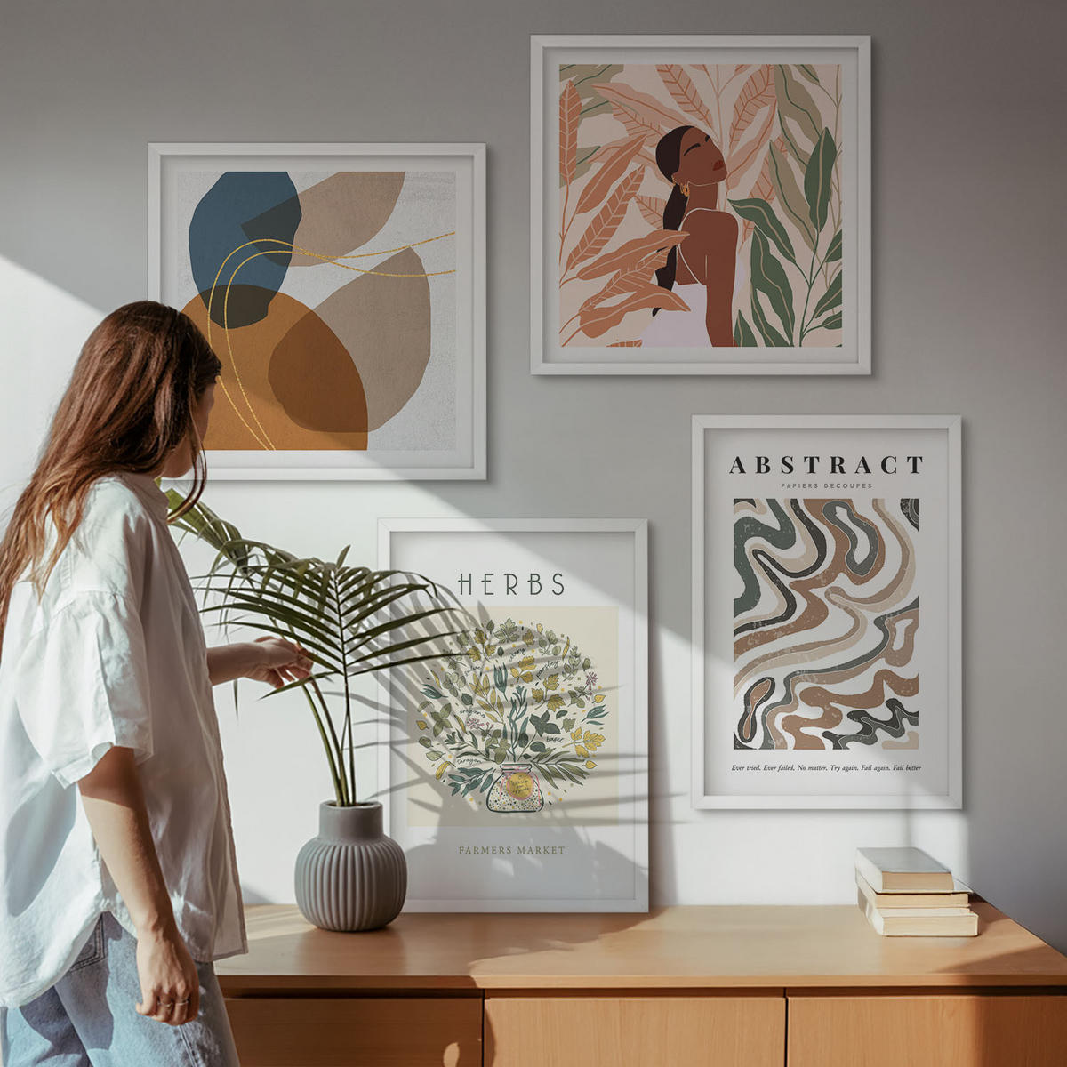 BILDER SET 4er Set - 50x50 cm & 40x60 cm Weißer Rahmen - Boho-Ästhetik, Pastellposter - Weiß, Kunststoff (50/50cm) - TULUP