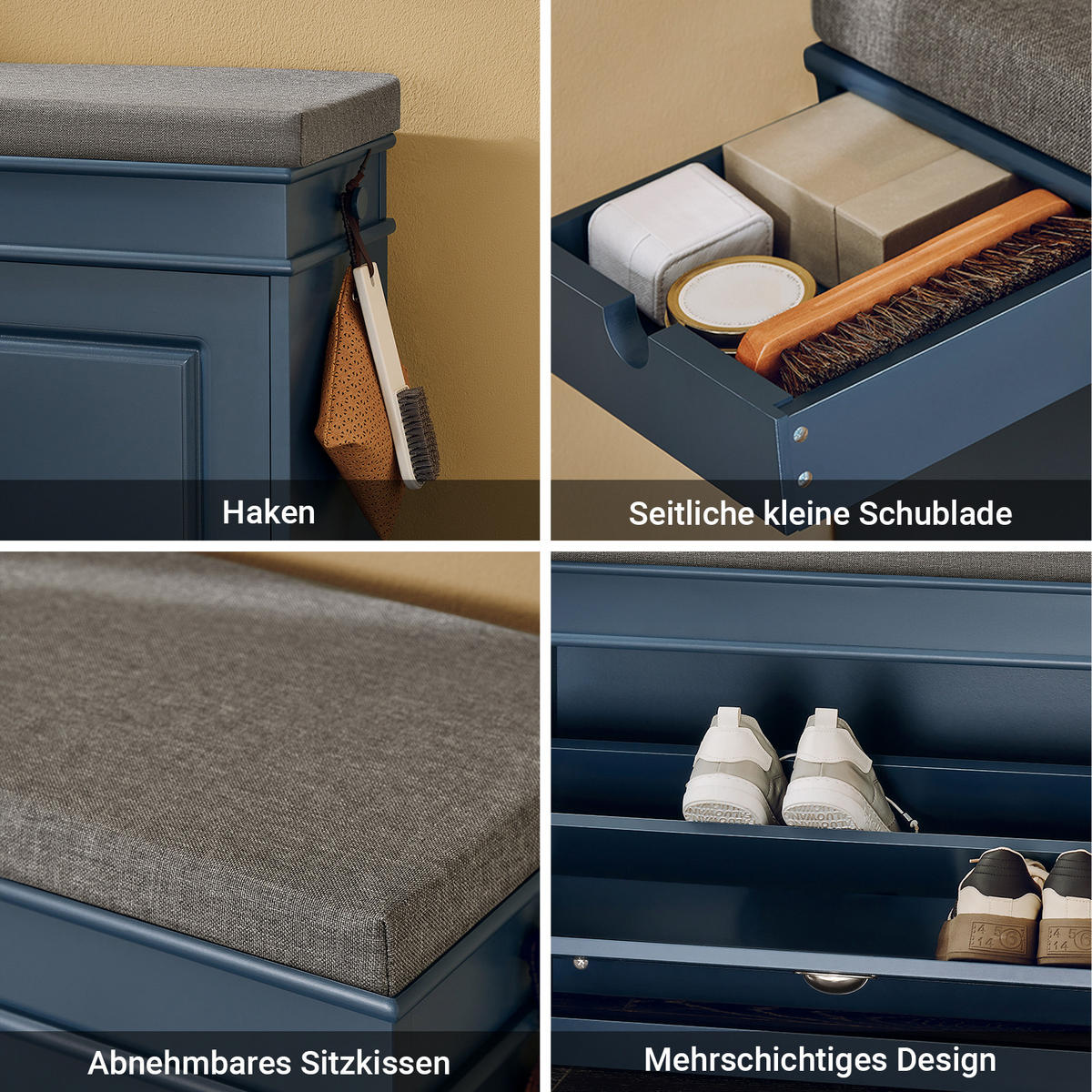 SCHUHBANK mit Sitzkissen Blau 75x52x24cm - Blau, Holzwerkstoff (75/52/24cm) - SoBuy