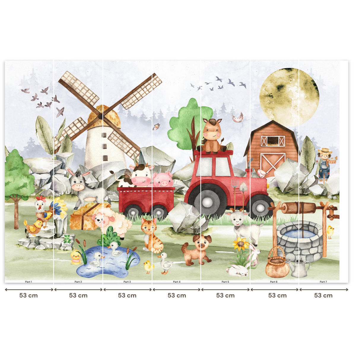 KINDERTAPETE - Bauernhof - Traktor - Kinder - Tiere - 350x240 cm - Weiß, Papier (350/240cm) - OnlyWow