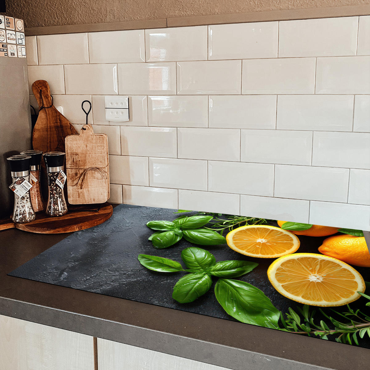 HERDABDECKPLATTE Obst - Grau - Konkret - Orange - Pflanzen Ceranfeldabdeckung 85x52 cm - Anthrazit, Kunststoff (85/52/0.2cm) - MuchoWow