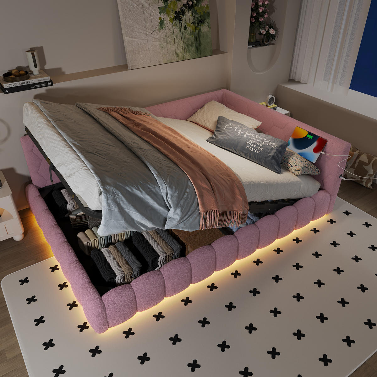 TAGESBETT mit Stauraum 140x200 cm Vliesimitat Pink - Rosa, Metall (140/200cm) - Meubliv