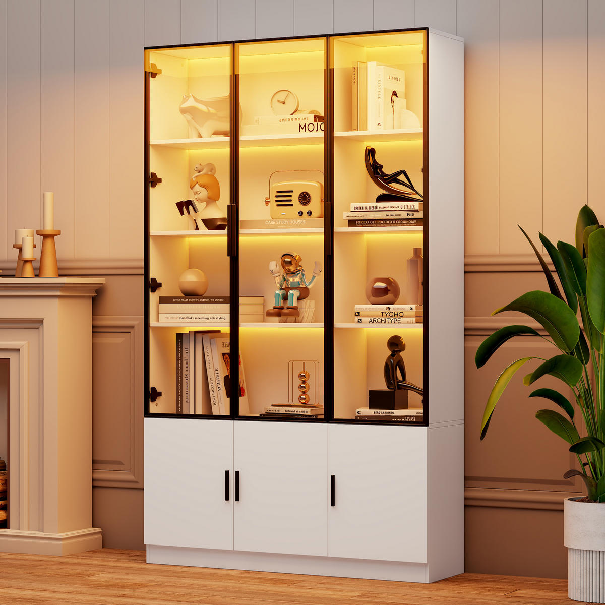 VITRINE LED Glasvitrine Hochschrank 200cm 6 Türen Weiß - Weiß, Holzwerkstoff (120/200/32cm) - FLIEKS