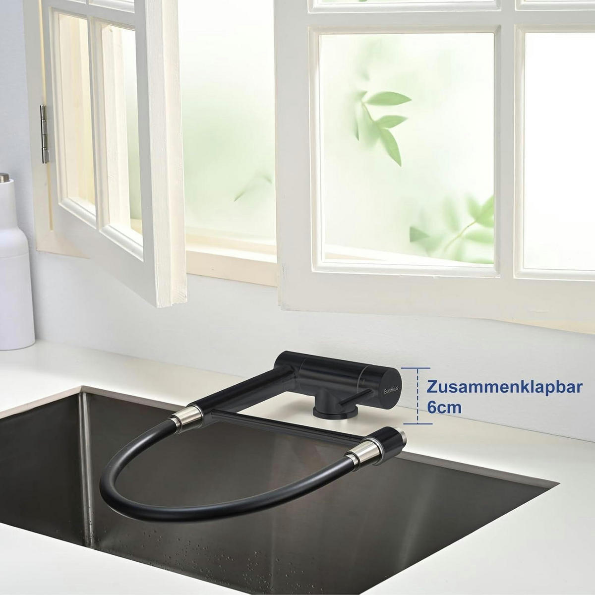 KÜCHENARMATUR ausziehbar faltbar 360° schwenkbar gebürsteter Edelstahl Mattschwarz - Schwarz, Metall (2.8/42.8/55cm)