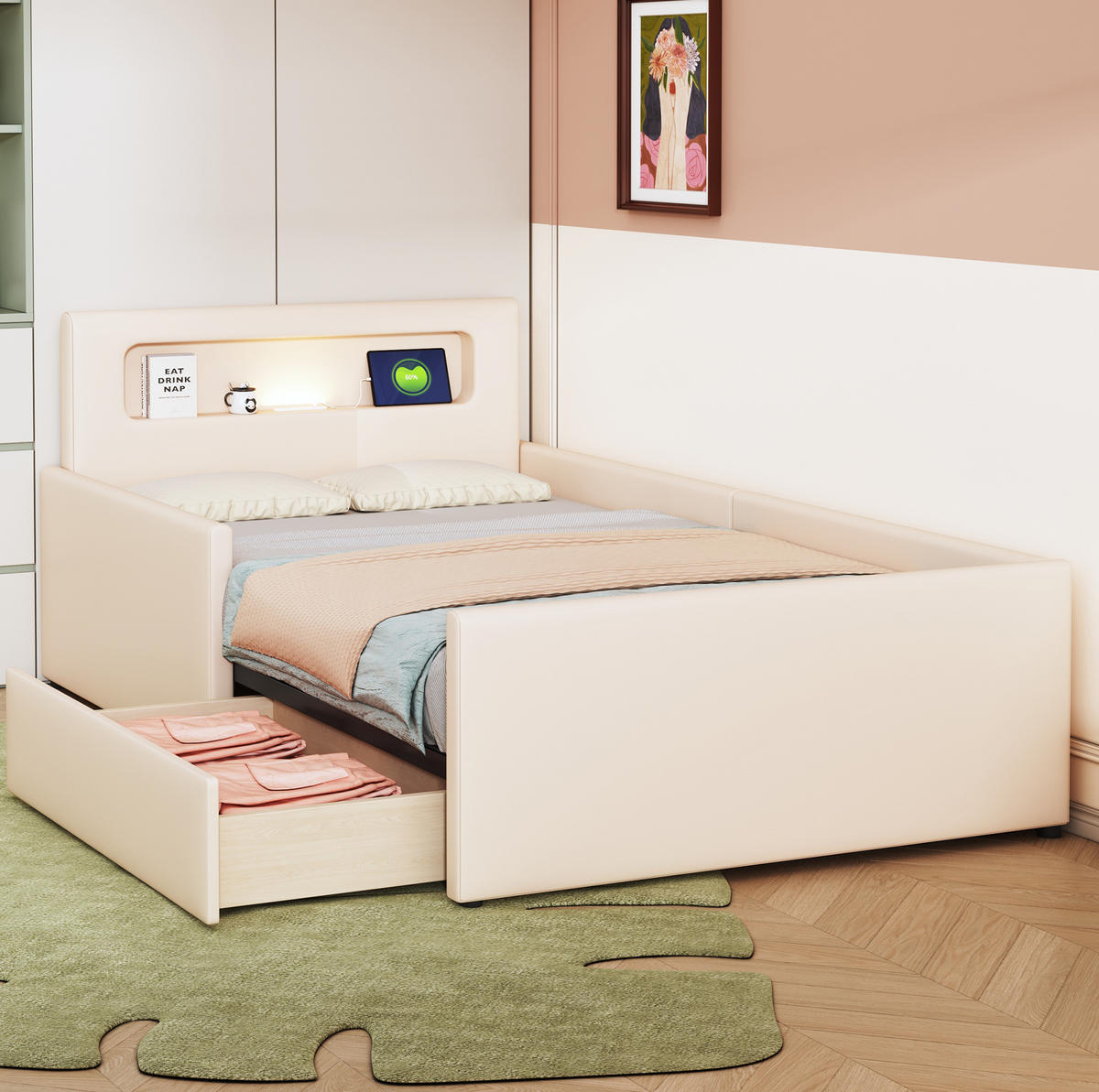 KINDERBETT 90/200 cm in Beige mit Nachtlicht, USB-Anschluss und Schubladen - Beige, Textil (90/200cm) - BEAOK