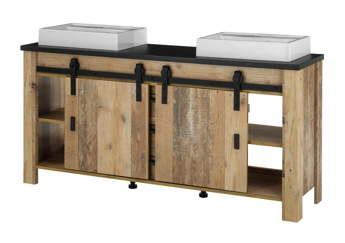 BADMÖBEL-SET Used Wood hell, anthrazit, Doppelwaschtisch mit Waschbecken LED Spiegellampe Stove - Eichefarben/Anthrazit, Holzwerkstoff/Metall (277/210/43cm) - Furn.Design