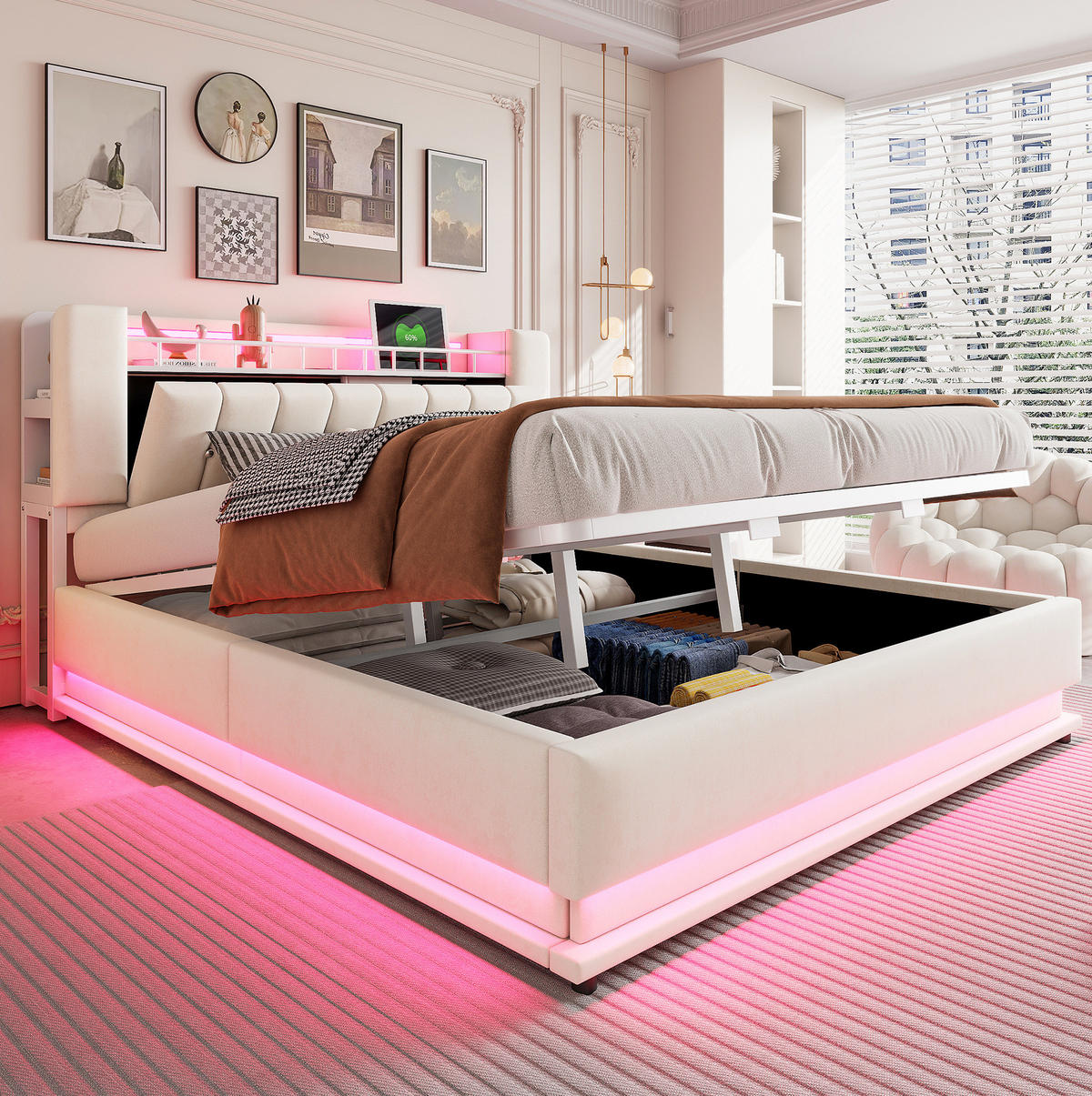 POLSTERBETT mit LED, USB und Stauraum 180x200 cm Samt Beige - Beige, Metall (180/200cm) - Meubliv