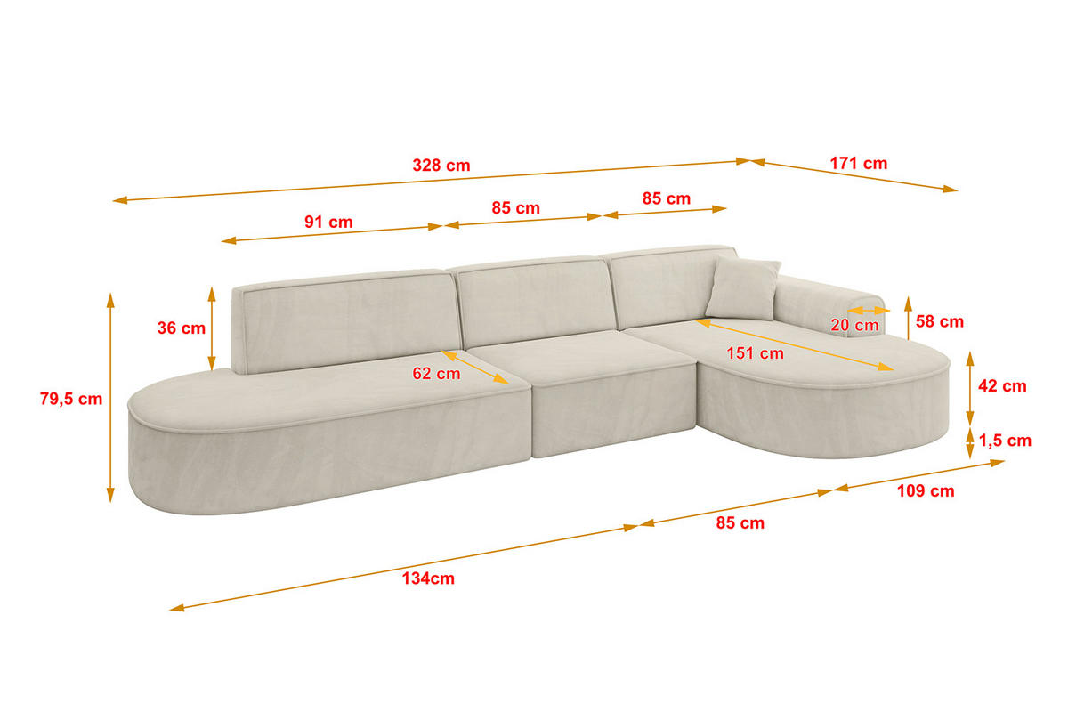 ECKSOFA Ottomane Rechts MARI-L2 - 328x171x79 cm Ecru Velours - Ecru/Schwarz, Holzwerkstoff/Kunststoff (171/328cm) - ALTDECOR
