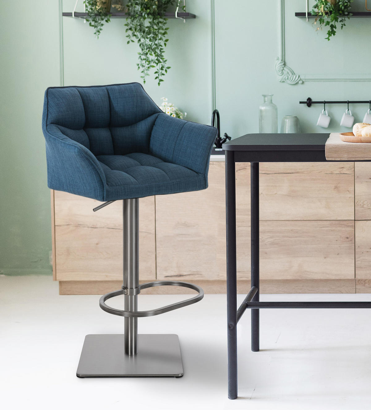 BARHOCKER 2er Set Damaskus Stoff edelstahl blau - Blau/Edelstahlfarben, Textil/Metall (64/110/48cm) - TPFLiving