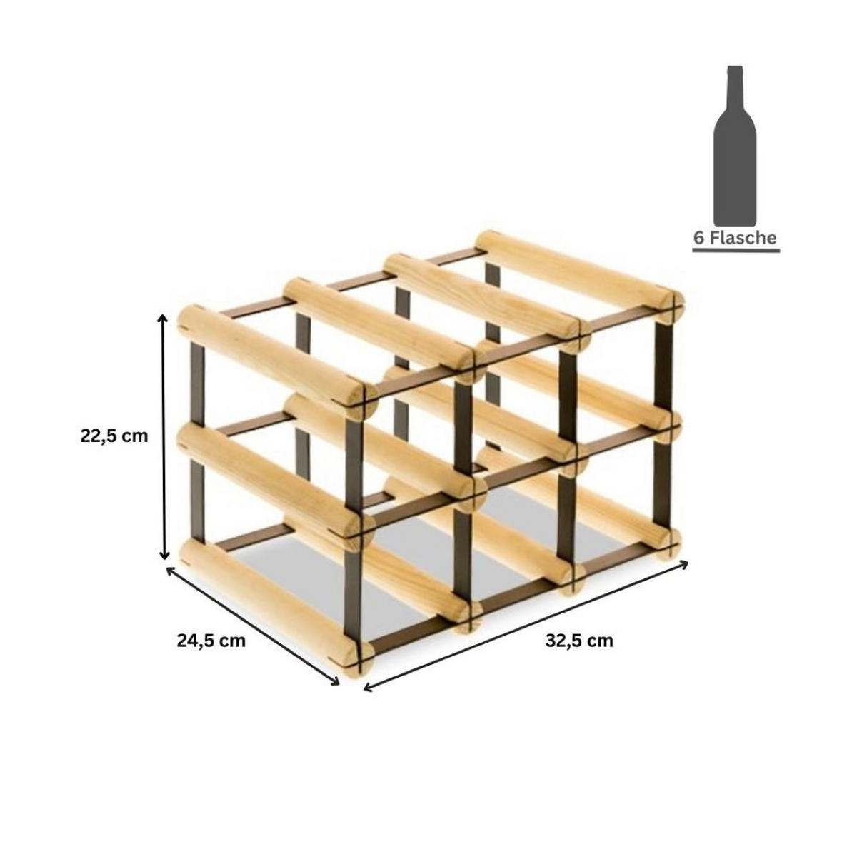 WEINREGAL Vinotega Mod Metal 22,5x32,5x24,5 cm 3x2 Flaschen Massives Kiefernholz Braun Geölt - Braun, Holz (32.5/22.5/24.5cm) - PROREGAL