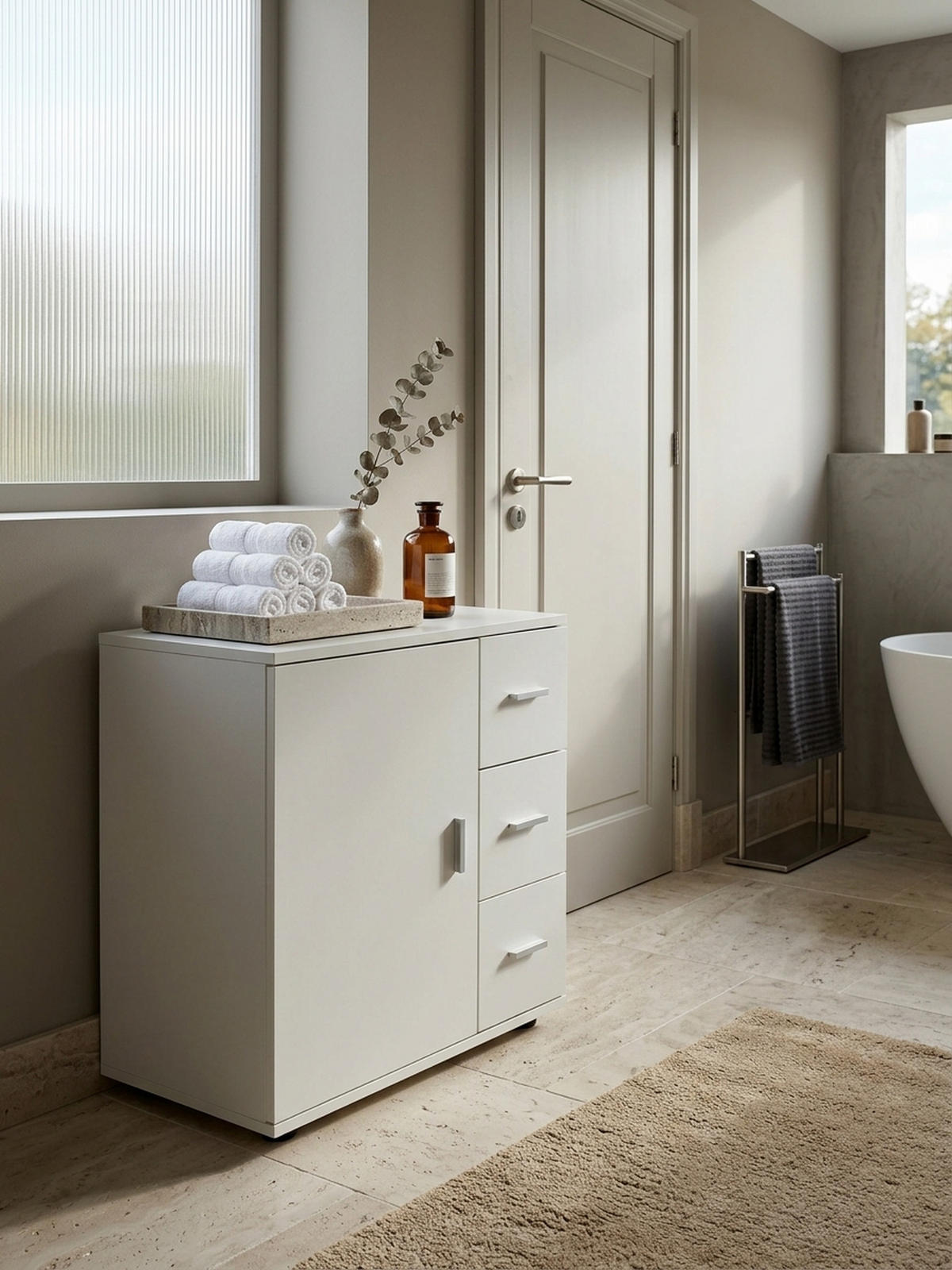 BADSCHRANK Weiß 60x65,5x33 cm mit großem Stauraum in matter Ausführung - Schwarz/Weiß, Holz (60/66/33cm) - KADIMA DESIGN