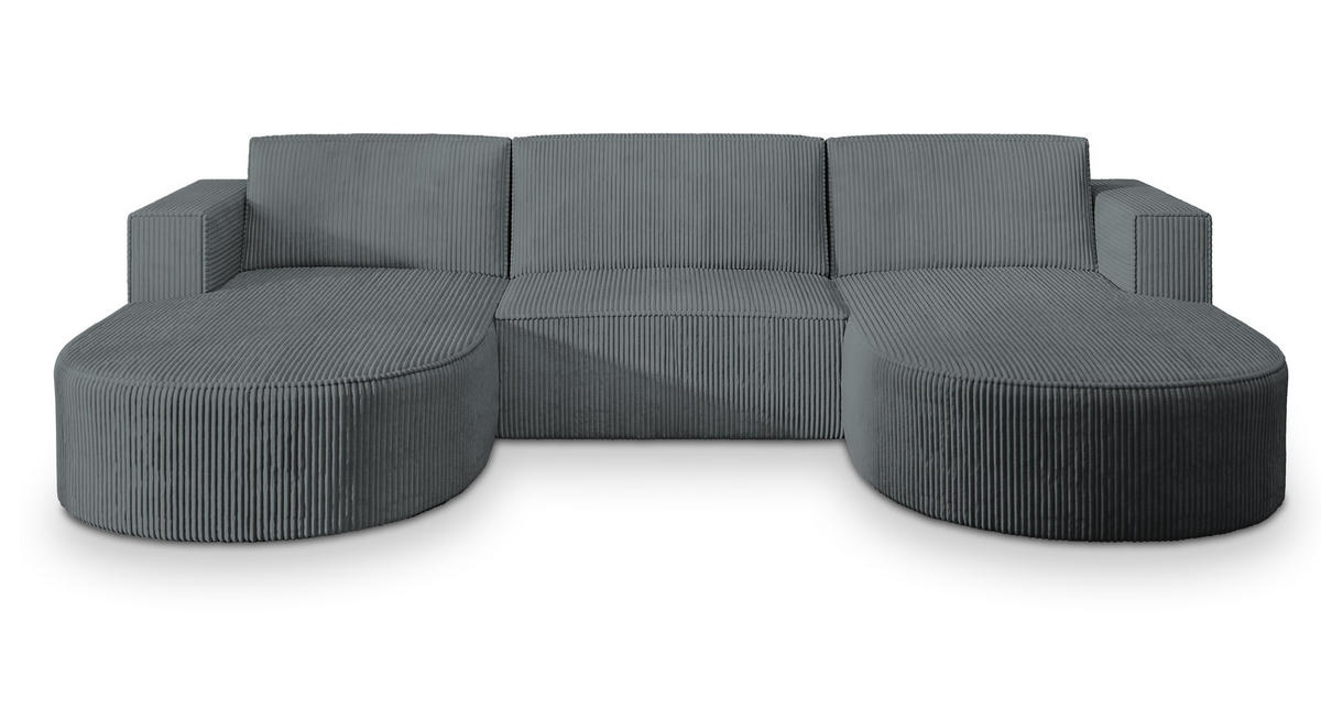 WOHNLANDSCHAFT VEZZO P Grau Kordstoff mit Schlaffunktion - Grau, Holz (347/85/174cm) - MASSENO