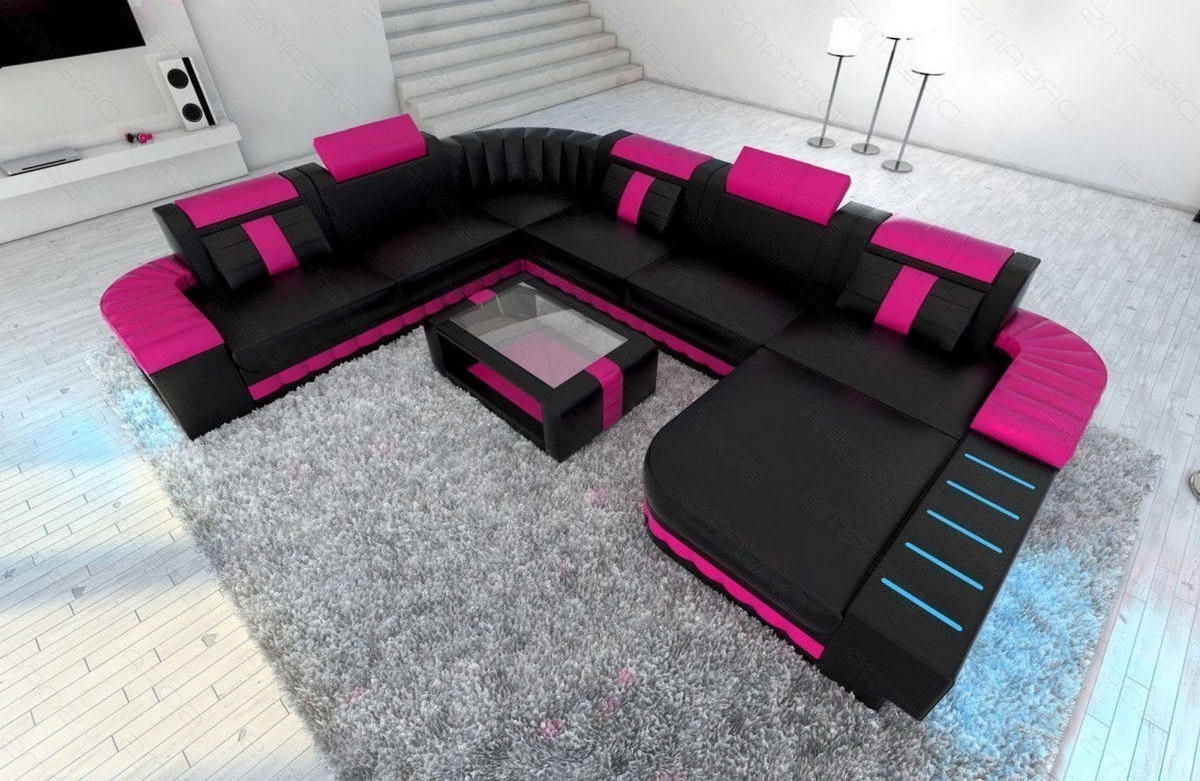 WOHNLANDSCHAFT Bellagio Schwarz Pink Büffelleder - Schwarz, Leder (362/80/287cm)