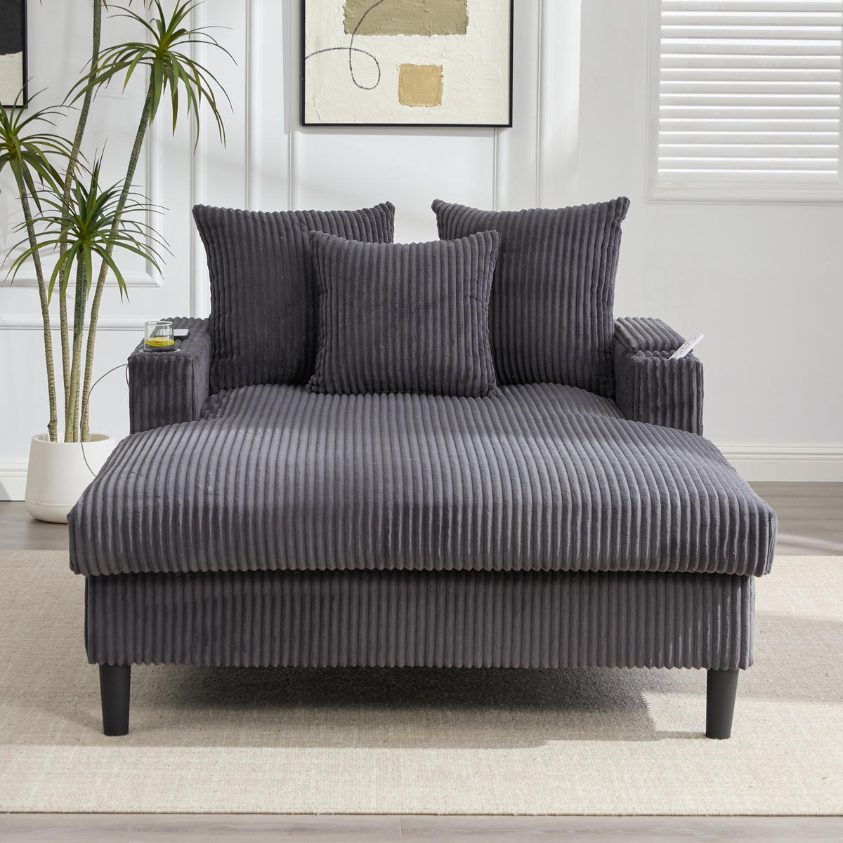 CHAISELONGUE mit Stauraum 129 x 170 cm Corduroy Dark Gray - Dunkelgrau, Holz (170/70/129cm) - Meubliv