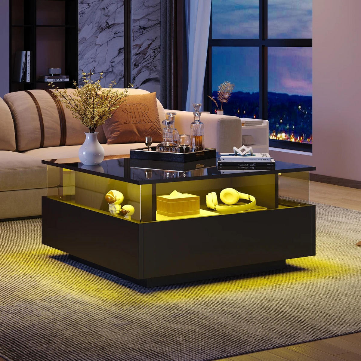 COUCHTISCH LED Hochglanz 70/70/41 cm 2 Schubladen Schwarz - Schwarz, Holz (70/70/41cm) - Kaket