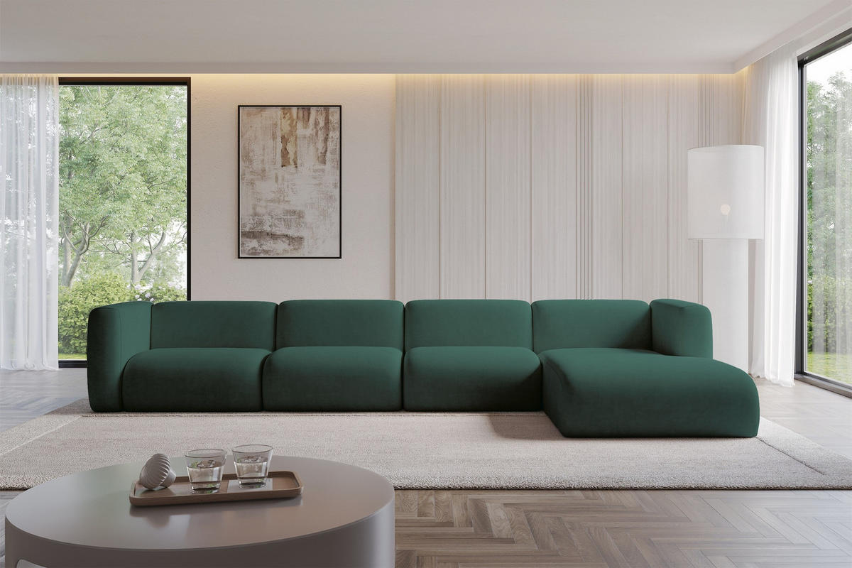 ECKSOFA Ottomane Rechts MIRA-L3 409x179x70 Grün Velours - Dunkelgrün/Schwarz, Holzwerkstoff/Kunststoff (409/179cm) - ALTDECOR