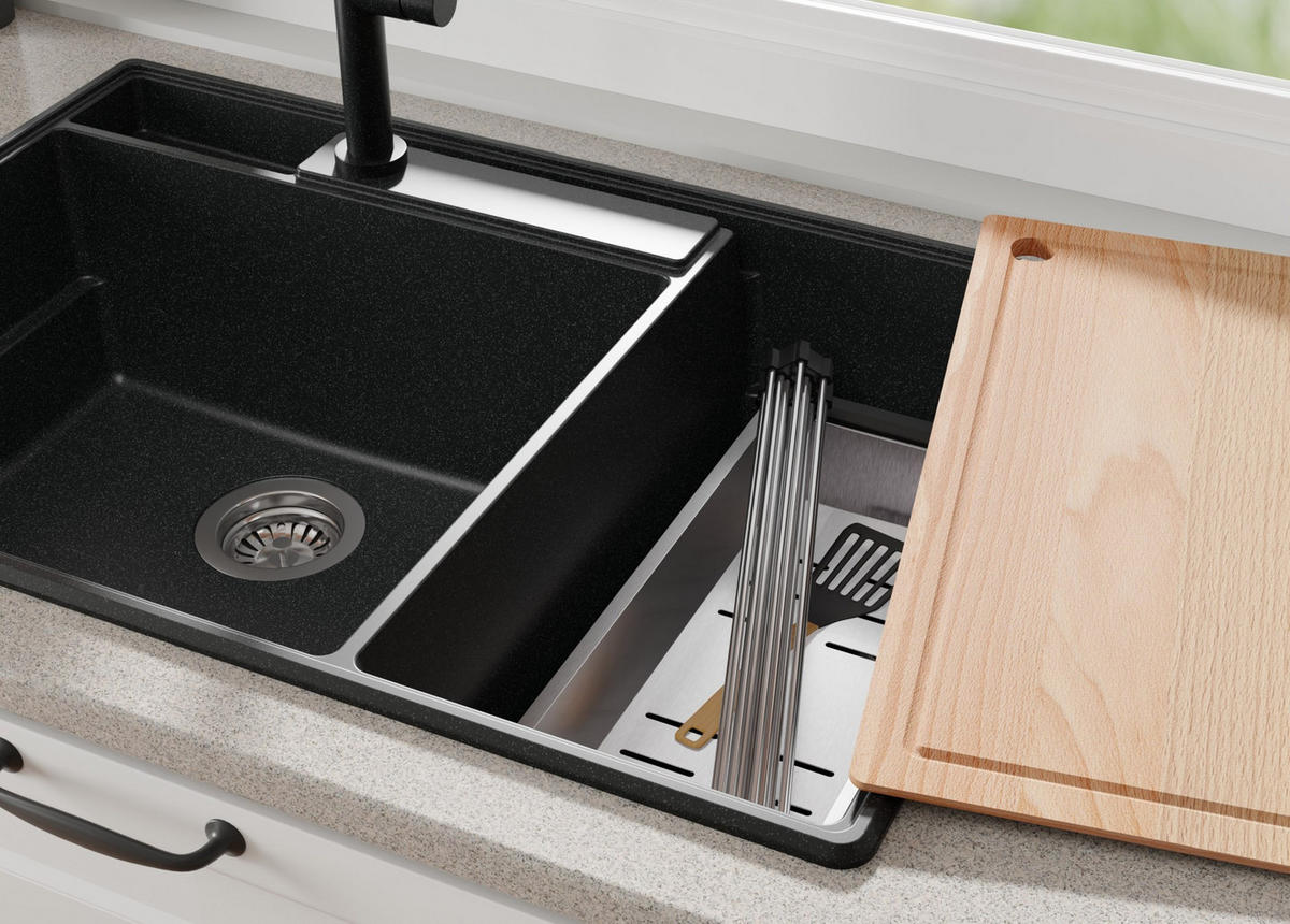 SPÜLBECKEN Paris, 2-er set Anthrazit 78/53 cm 2 Becken + Ablauf-Set + Küchenzubehörset ab 80er Unterschrank - Chromfarben/Edelstahlfarben, Kunststoff (78/20/53cm) - Primagran