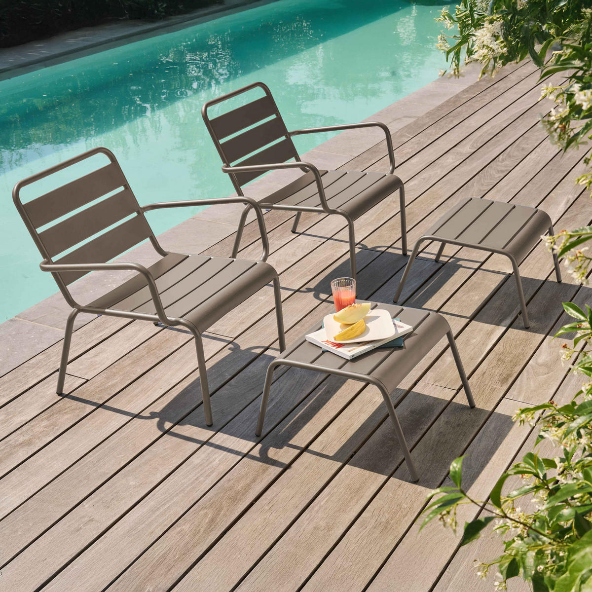 RELAXSESSEL MIT HOCKER 2-tlg., Taupe - Taupe, Metall (64/72/60cm) - Oviala