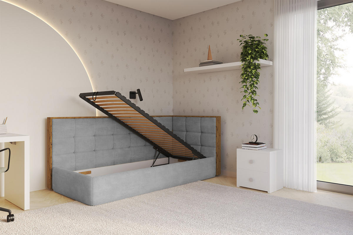 EINZELLBETT Jugendbett mit Bettkasten und Matratze H3/H4, Links - SOVY 90x200 Grau - Hellgrau, Holzwerkstoff/Textil (90/200cm) - ALTDECOR