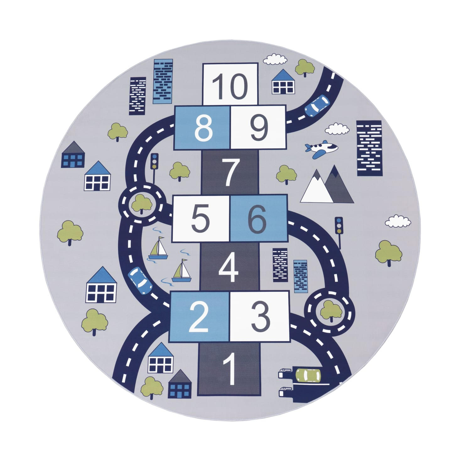 KINDERTEPPICH waschmaschinenwaschbar Zahlen‑Hüpfkästchen‑Muster Kinderzimmer schmutzabweisend Grau Rund 200D - Grau, Textil (200/200cm) - KADIMA DESIGN