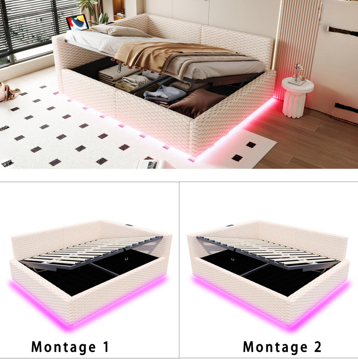 POLSTERBETT 140/200 cm in Beige mit LED, USB- und Type-C-Anschlüssen - Beige, Textil (140/200cm) - Flora Grace
