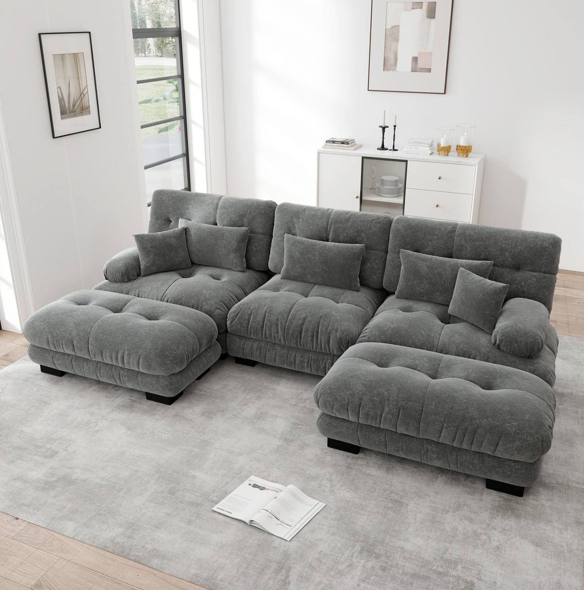WOHNLANDSCHAFT in Grau aus Chenille mit Ottoman und Cloud-Sitzkomfort - Grau, Textil (145/81/313cm) - Flora Grace