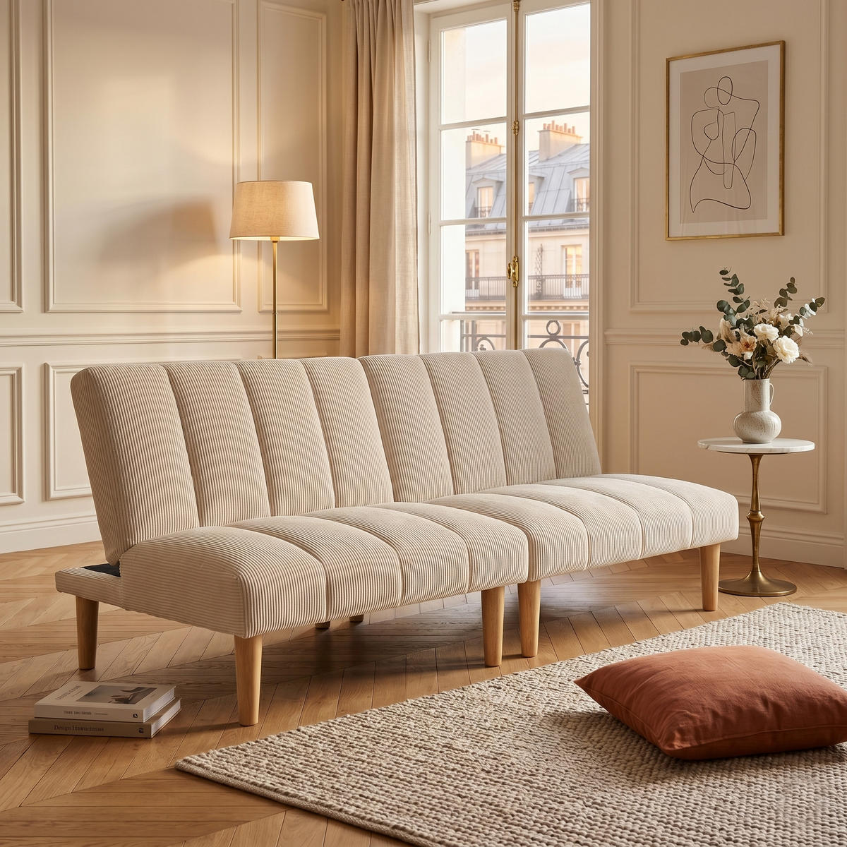 SCHLAFSOFA aus beigem Cord, klappbar und mit verstellbarer Rückenlehne - Beige, Textil (167/72/82cm) - Urban Meuble