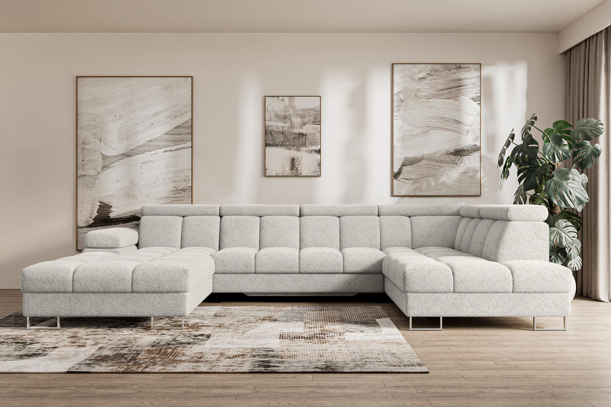 WOHNLANDSCHAFT mit Schlaffunktion und Bettkasten Ottomane RECHTS COMA U 345x203x79 Hellgrau Velours - Hellgrau, Holzwerkstoff/Textil (203/79/345cm) - ALTDECOR