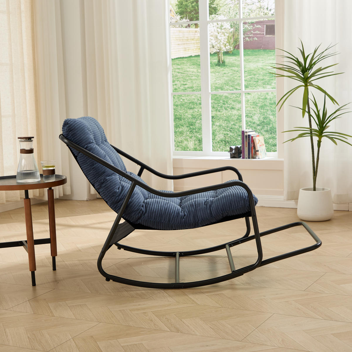 RELAX Schaukelstuhl Blau mit Beinablage Dickem Kissen und Stabilem Stahlrahmen - Blau, Metall (75/82/116cm) - PARAFTA HOME