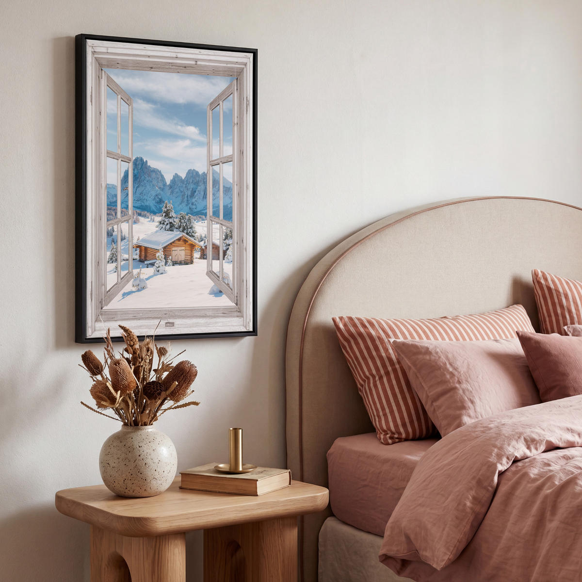 LEINWAND Bilder mit Rahmen - Winterlandschaft - Hütte - Berge - Ausblicke - Aussicht - Natur - 40x60 - Weiß Hochglanz, Textil (40/60cm) - MuchoWow