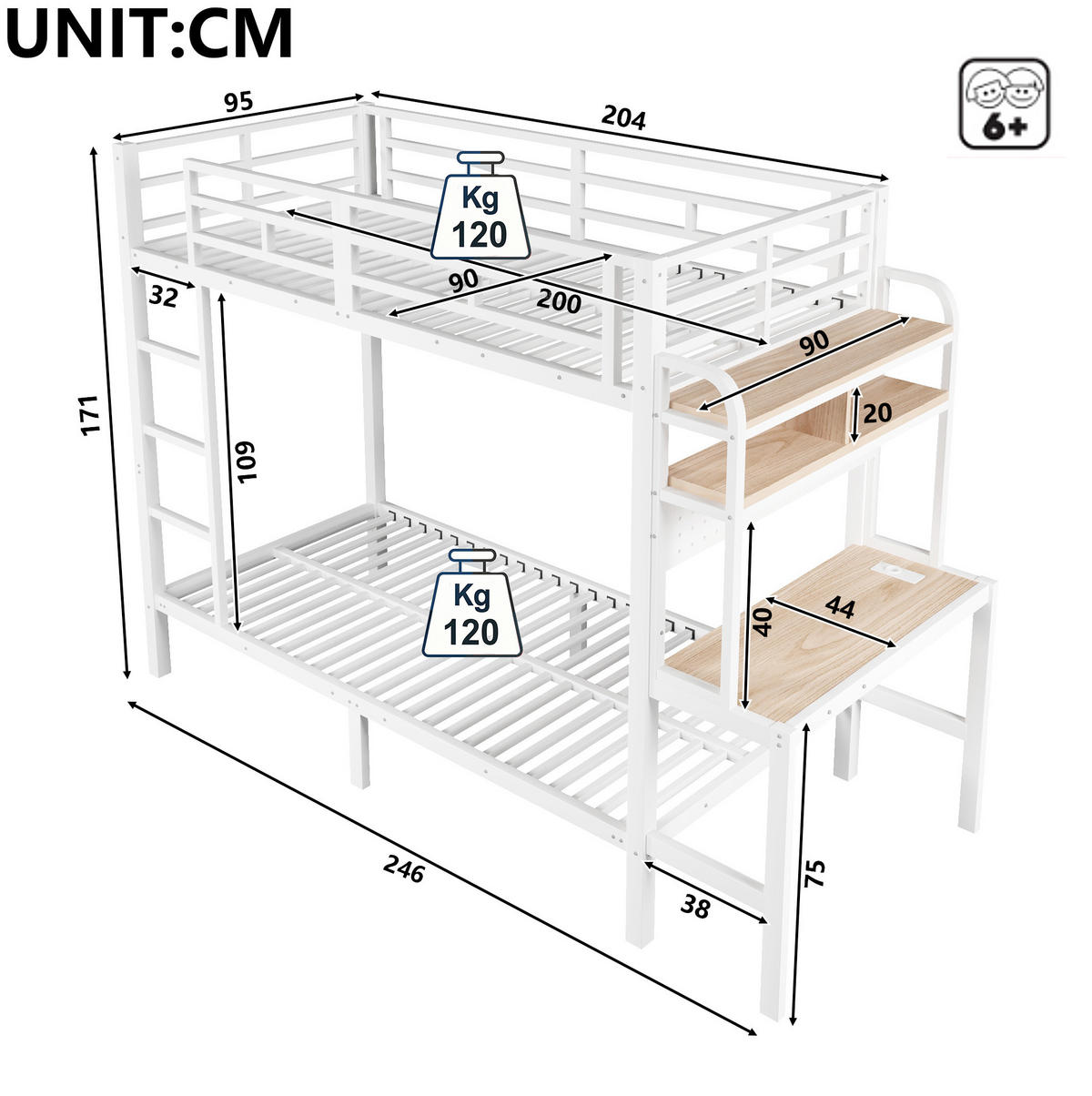 ETAGENBETT 90/200 cm aus Metall mit Schreibtisch, LED-Lichtleiste, USB-Anschluss, Weiß - Weiß, Metall (90/200cm) - OKMYHOME