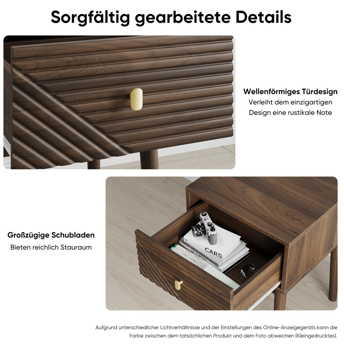 NACHTTISCH aus MDF 40x40x55 cm Walnuss mit 2 Schubladen, Metallgriffen und Rillendesign - Walnussfarben, Holzwerkstoff (40/55/40cm) - Modfu
